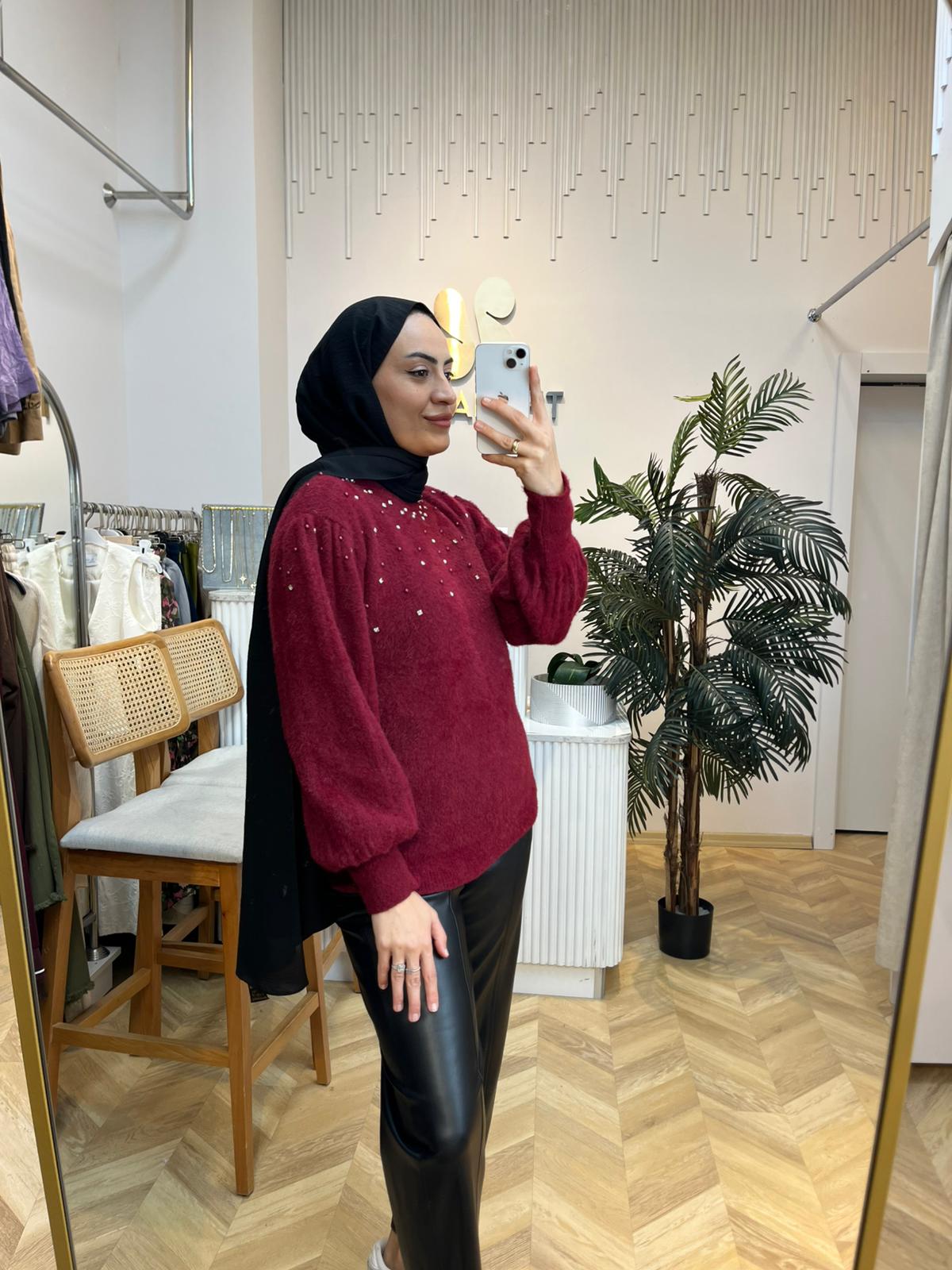 Angora Taşlı Kazak Bordo