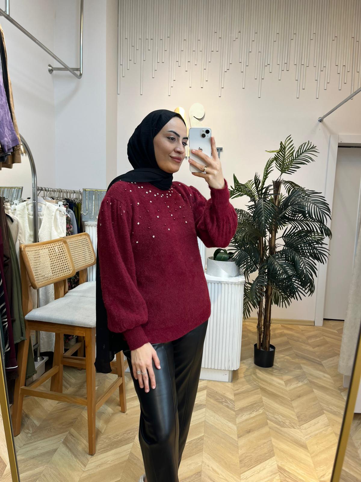 Angora Taşlı Kazak Bordo