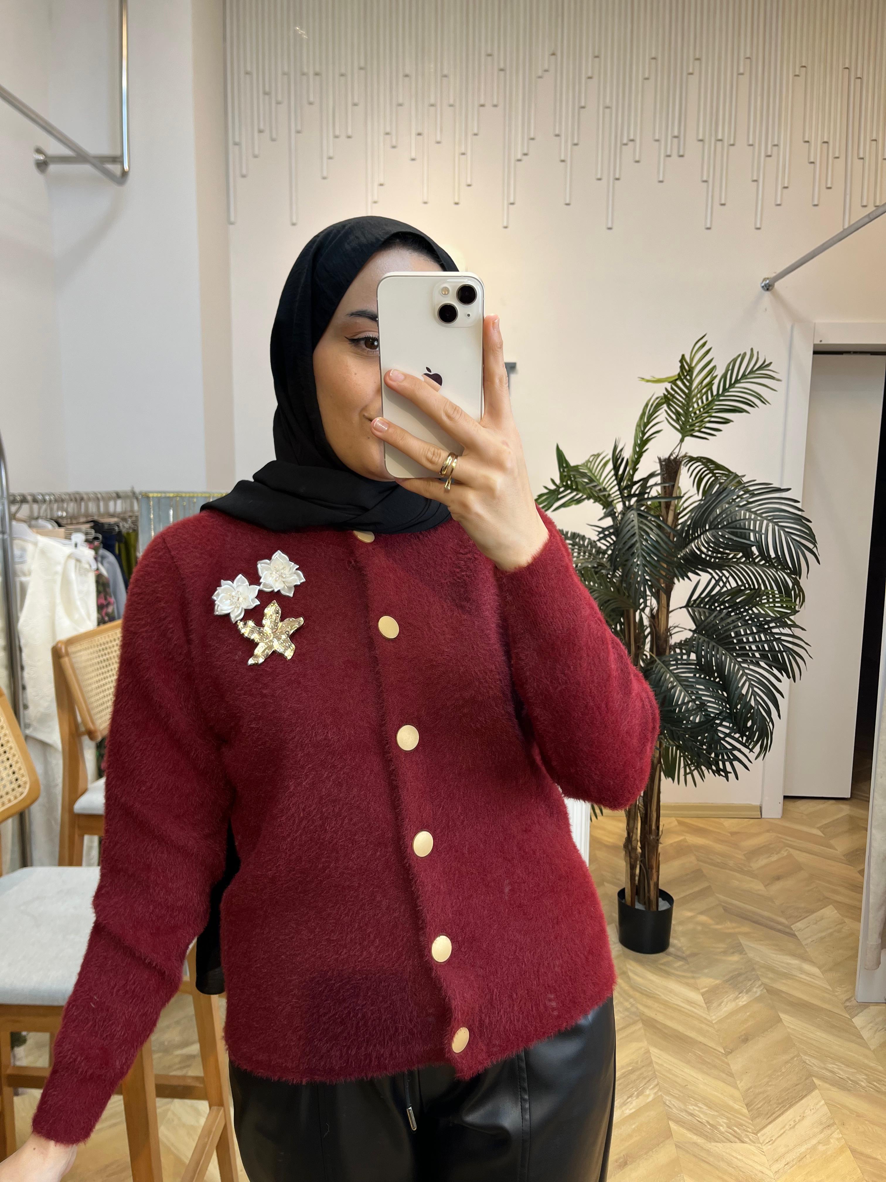 Düğmeli Angora Kazak Bordo