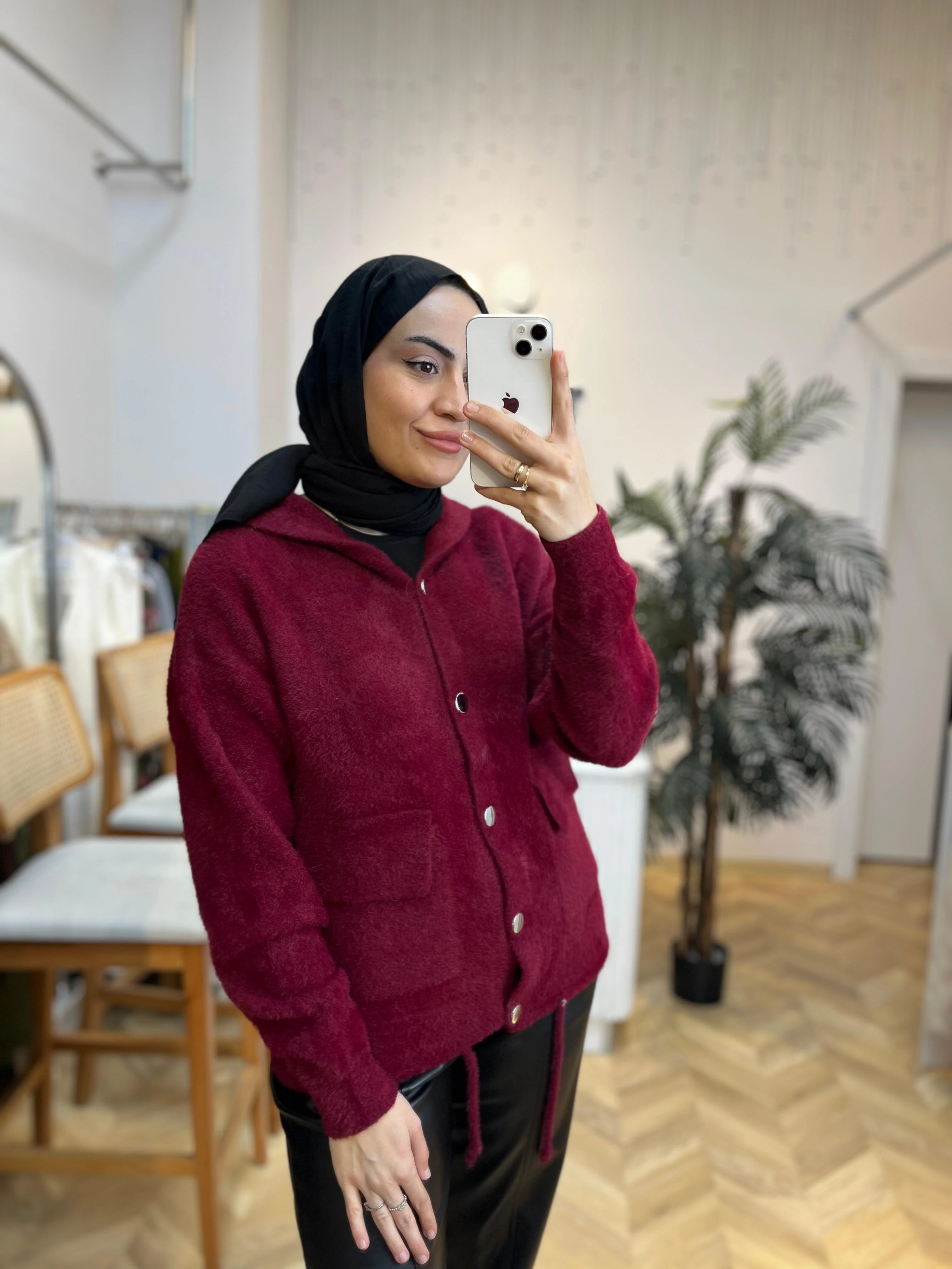 Kapşonlu Angora Hırka Bordo