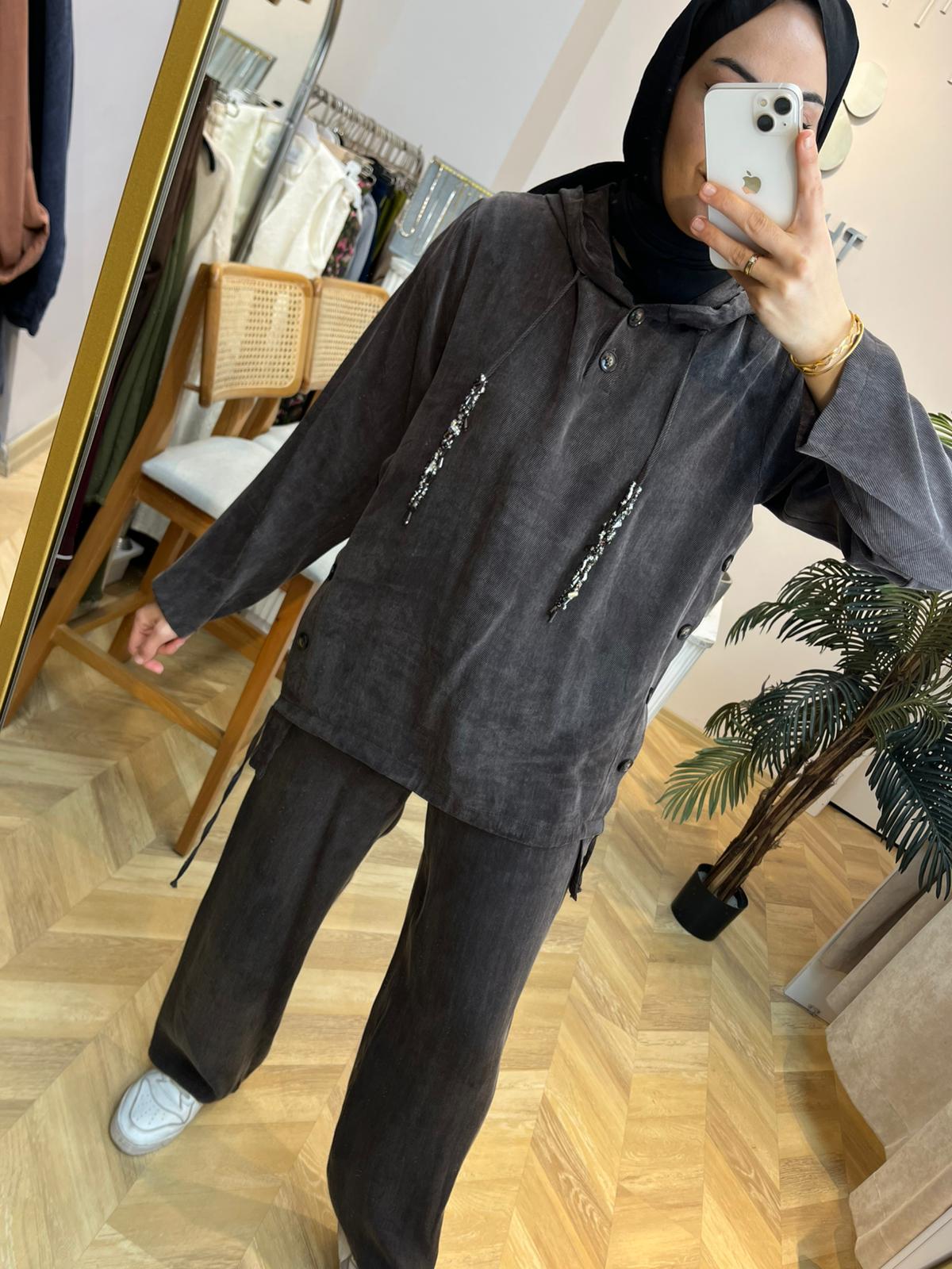 Pantolonlu Takım İpek Cupra Kahve