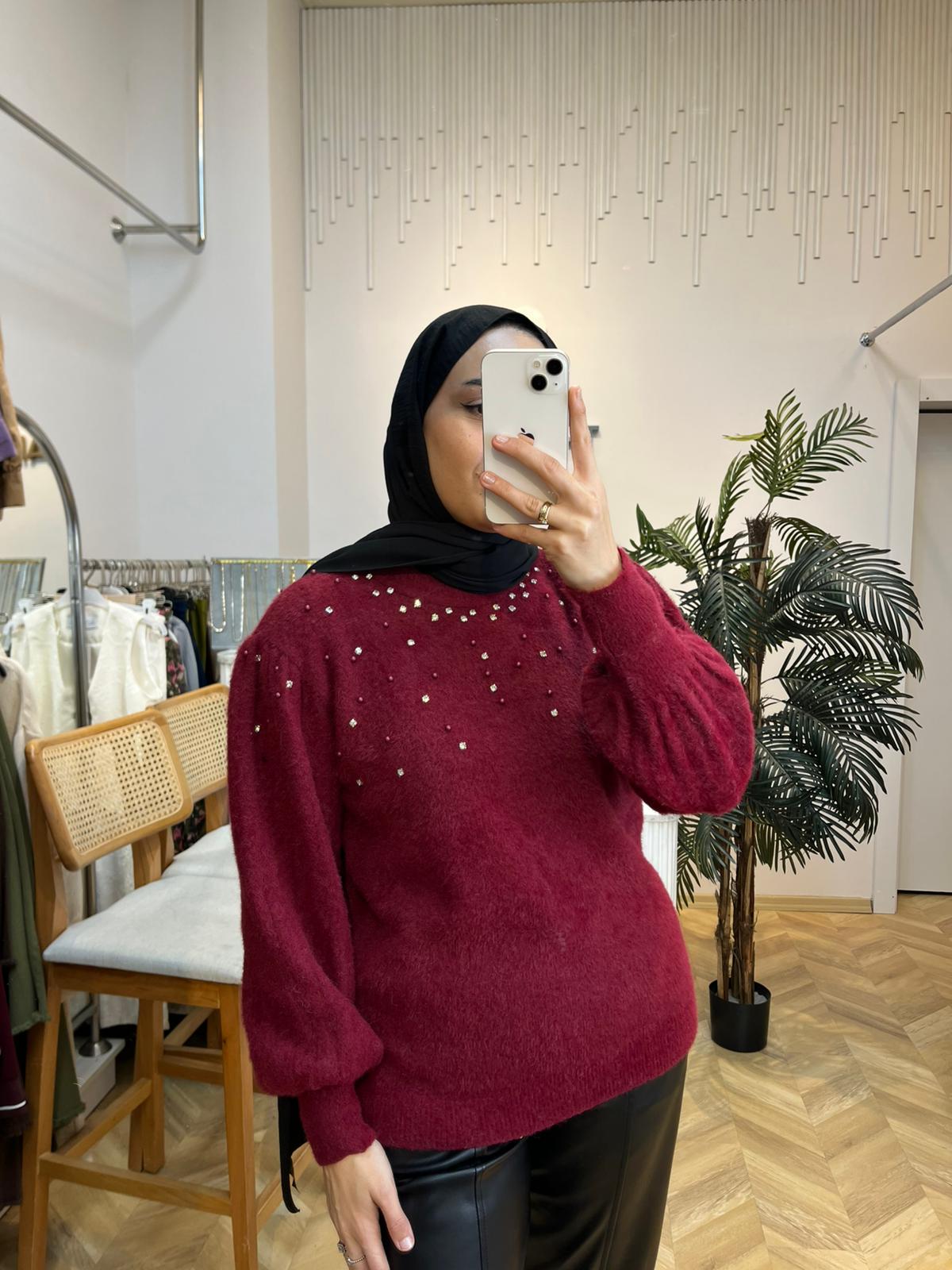 Angora Taşlı Kazak Bordo