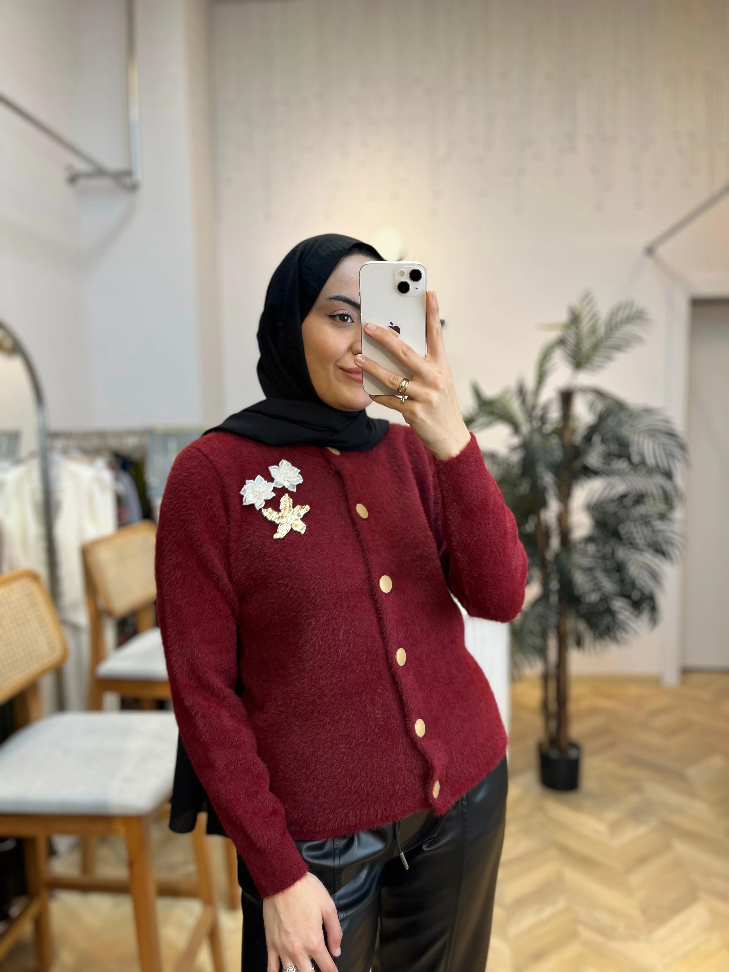 Düğmeli Angora Kazak Bordo