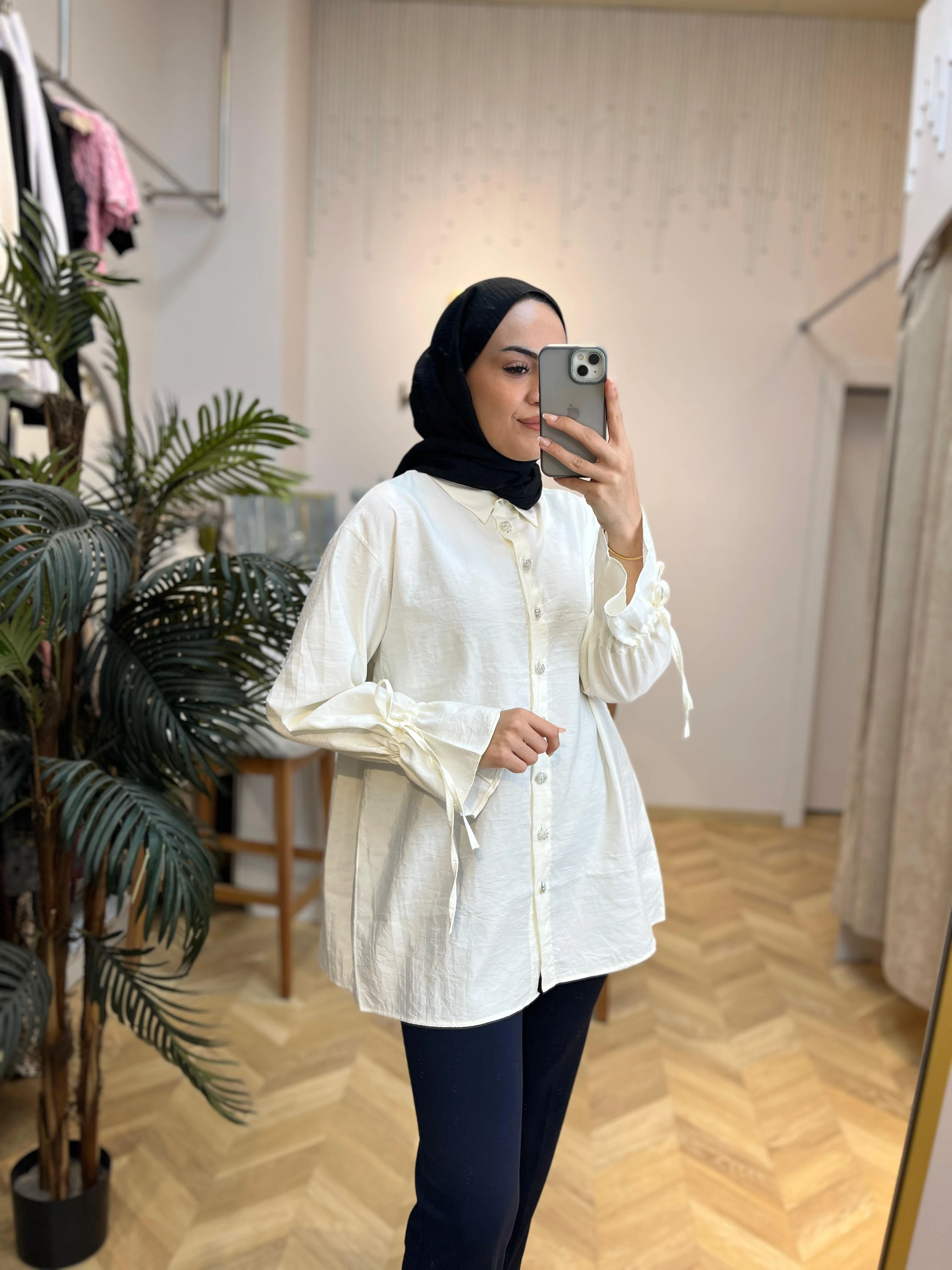 Tensel Düğmeli Gömlek Kemik 