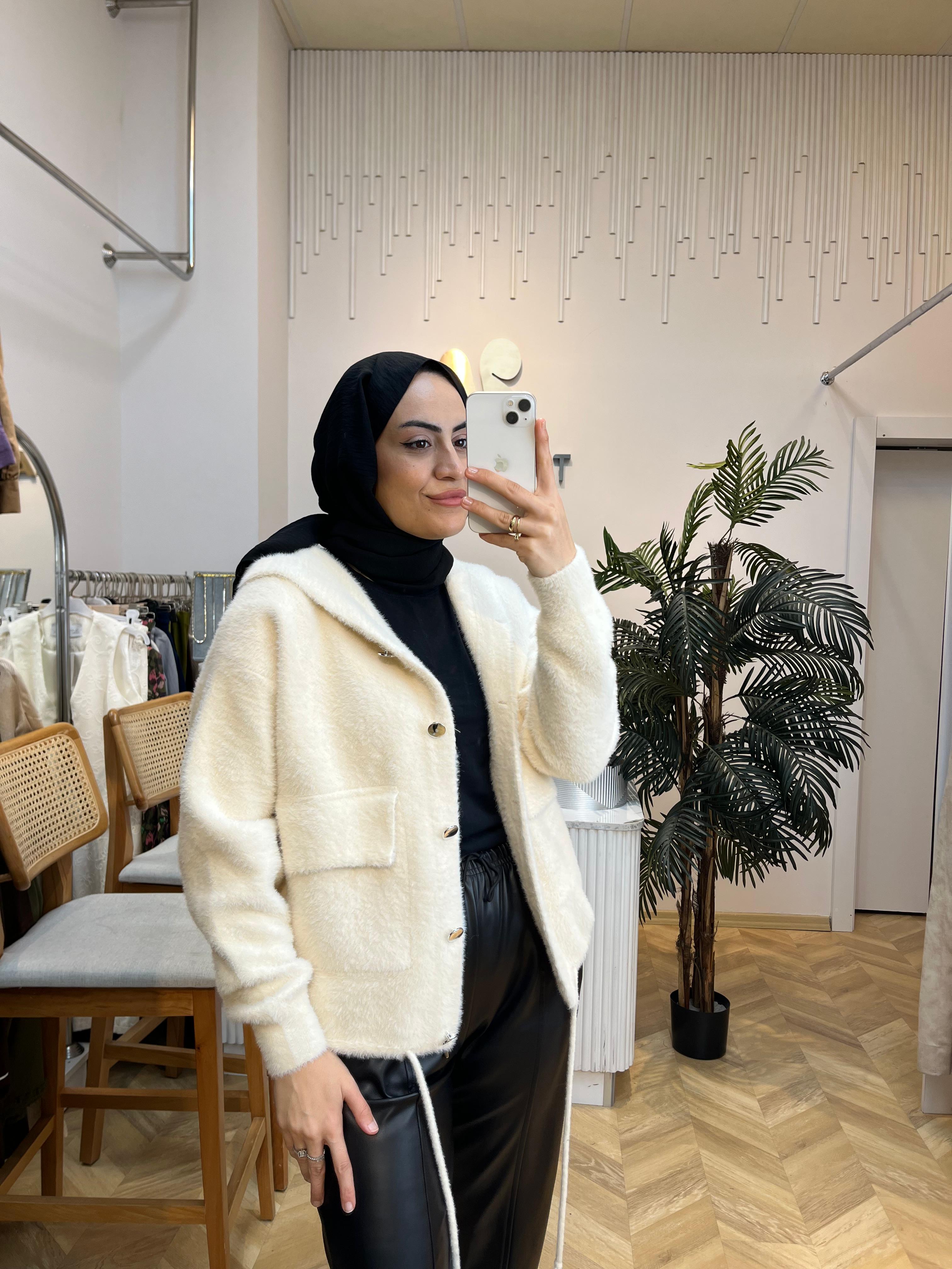 Kapşonlu Angora Hırka Ekru