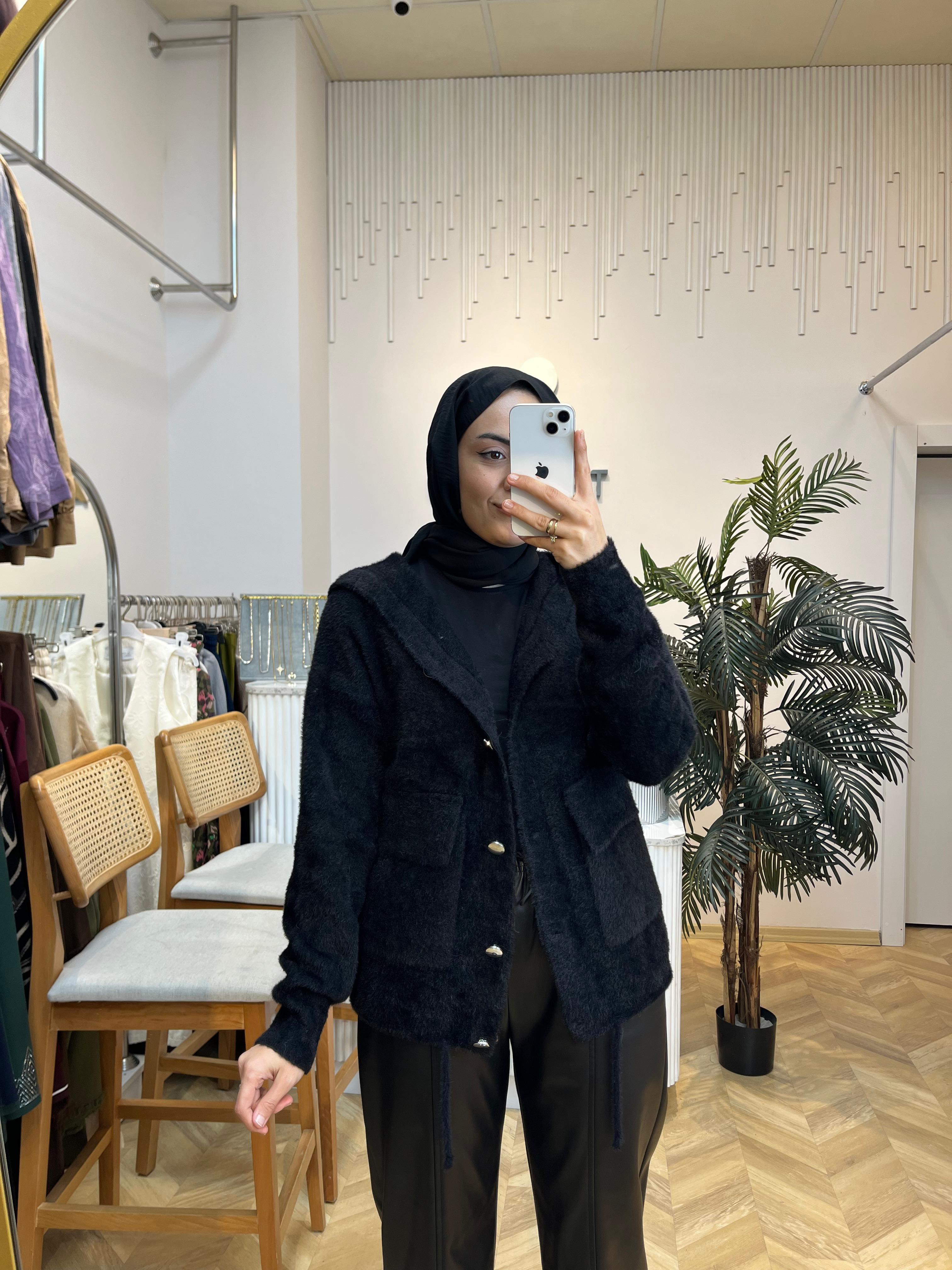 Kapşonlu Angora Hırka Siyah