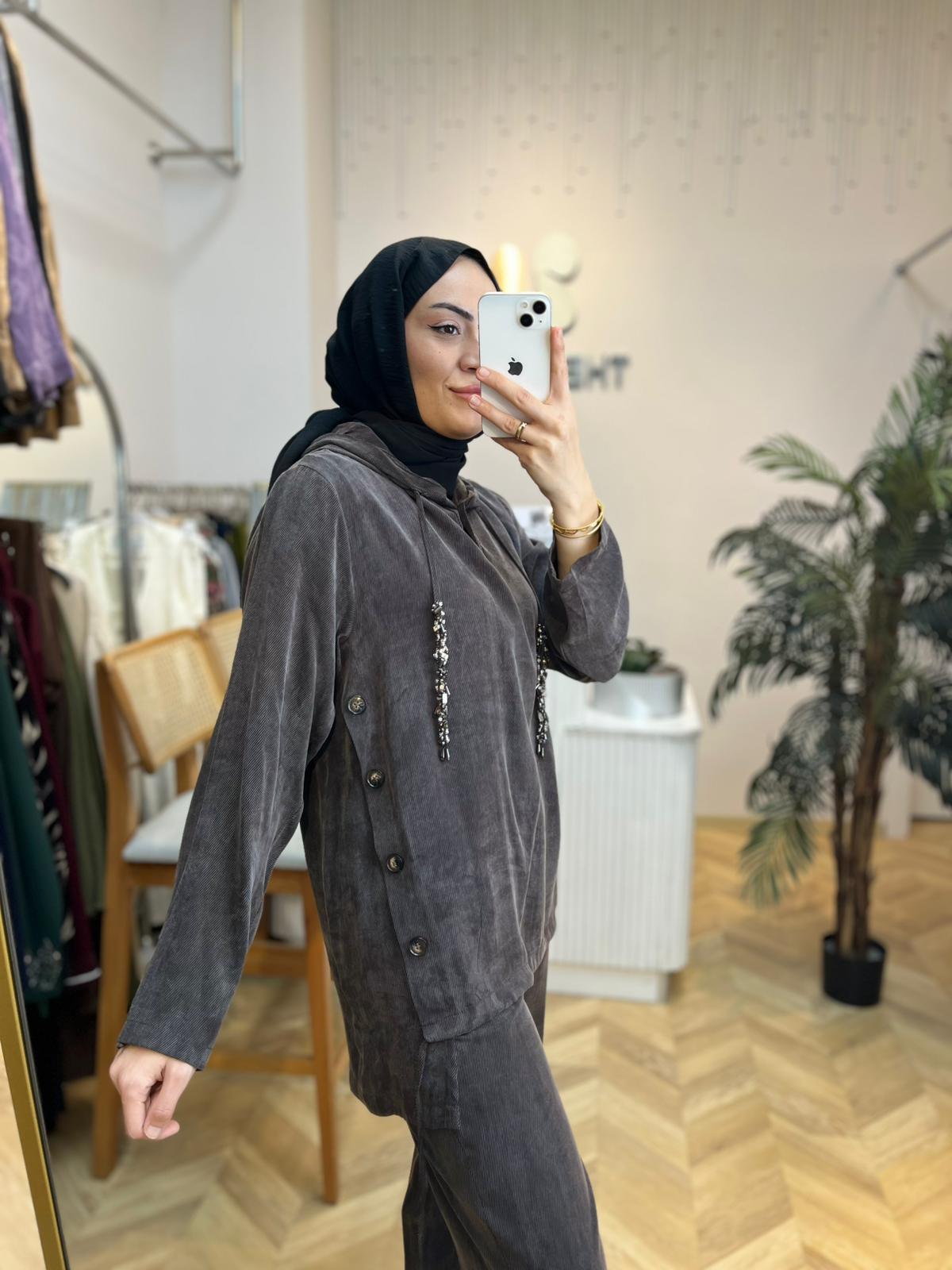 Pantolonlu Takım İpek Cupra Kahve