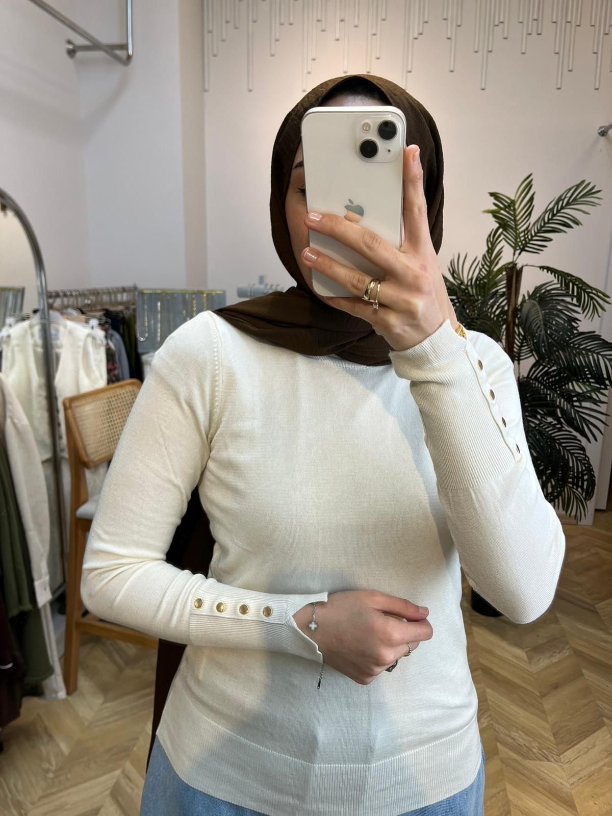 Pamuklu Düğme Detaylı badi Ekru