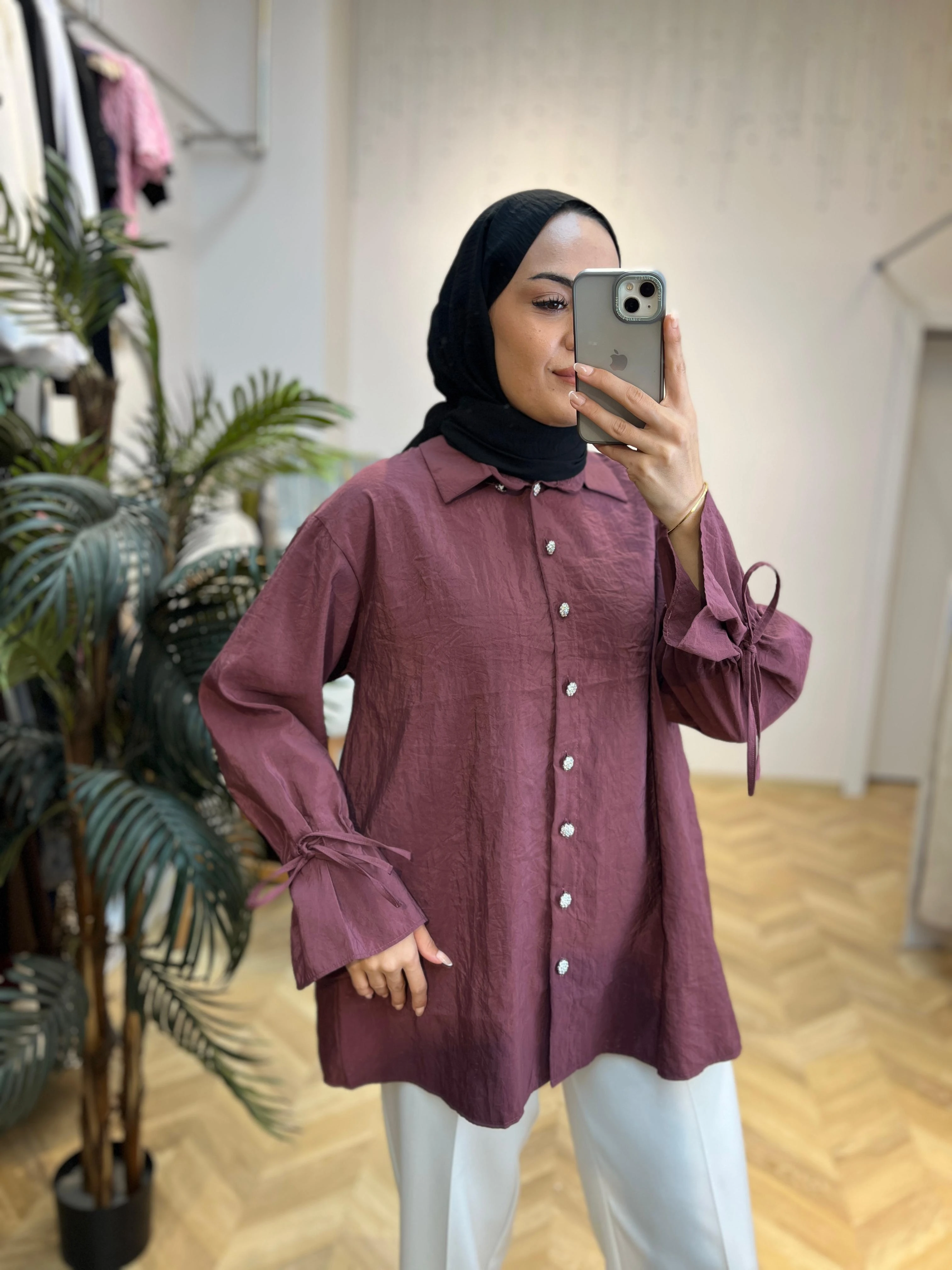 Tensel Düğmeli Gömlek Bordo