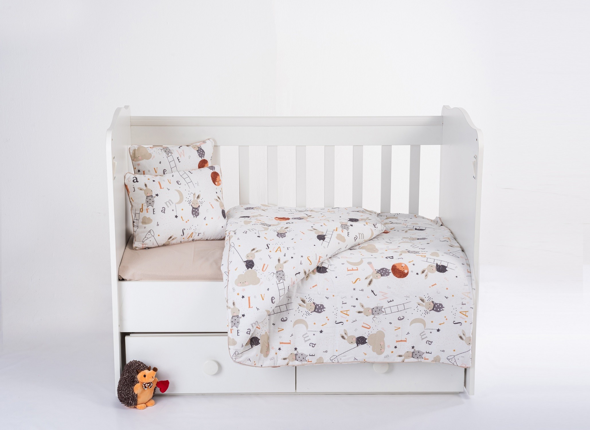 %100 Pamuk 7 Parça Bebek Nevresim Takımı (Nevresim, Çarşaf, Yorgan, 2 Yastık ve Kılıfı), 100x150 cm - Tavşan