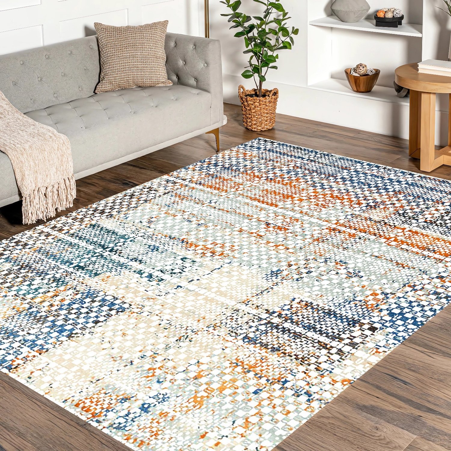 Renkli Simetrik Desen Şönil Dokuma Pamuklu Modern Halı PTLN 03148(01)