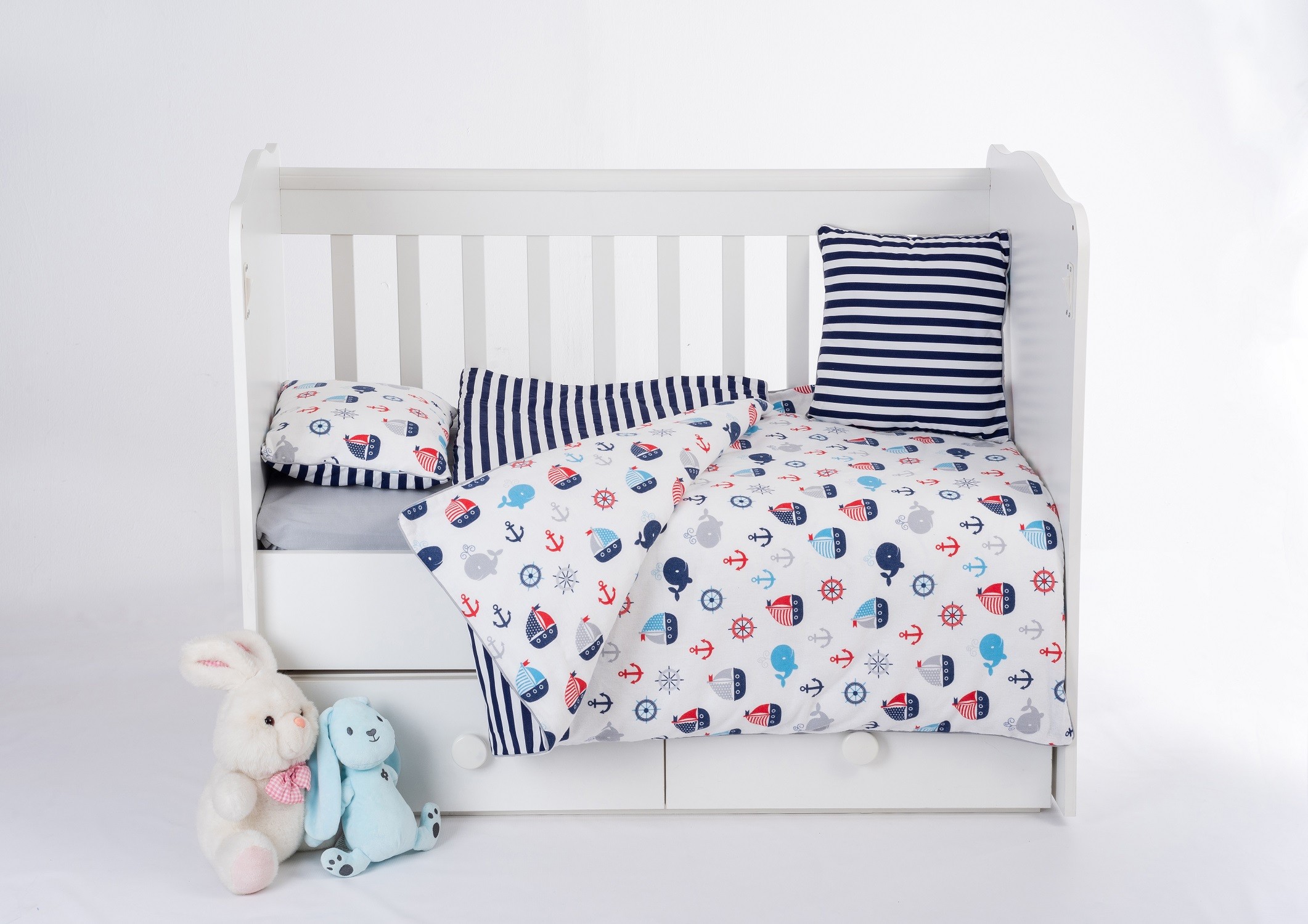 %100 Pamuk 7 Parça Bebek Nevresim Takımı (Nevresim, Çarşaf, Yorgan, 2 Yastık ve Kılıfı), 100x150 cm - Gemici
