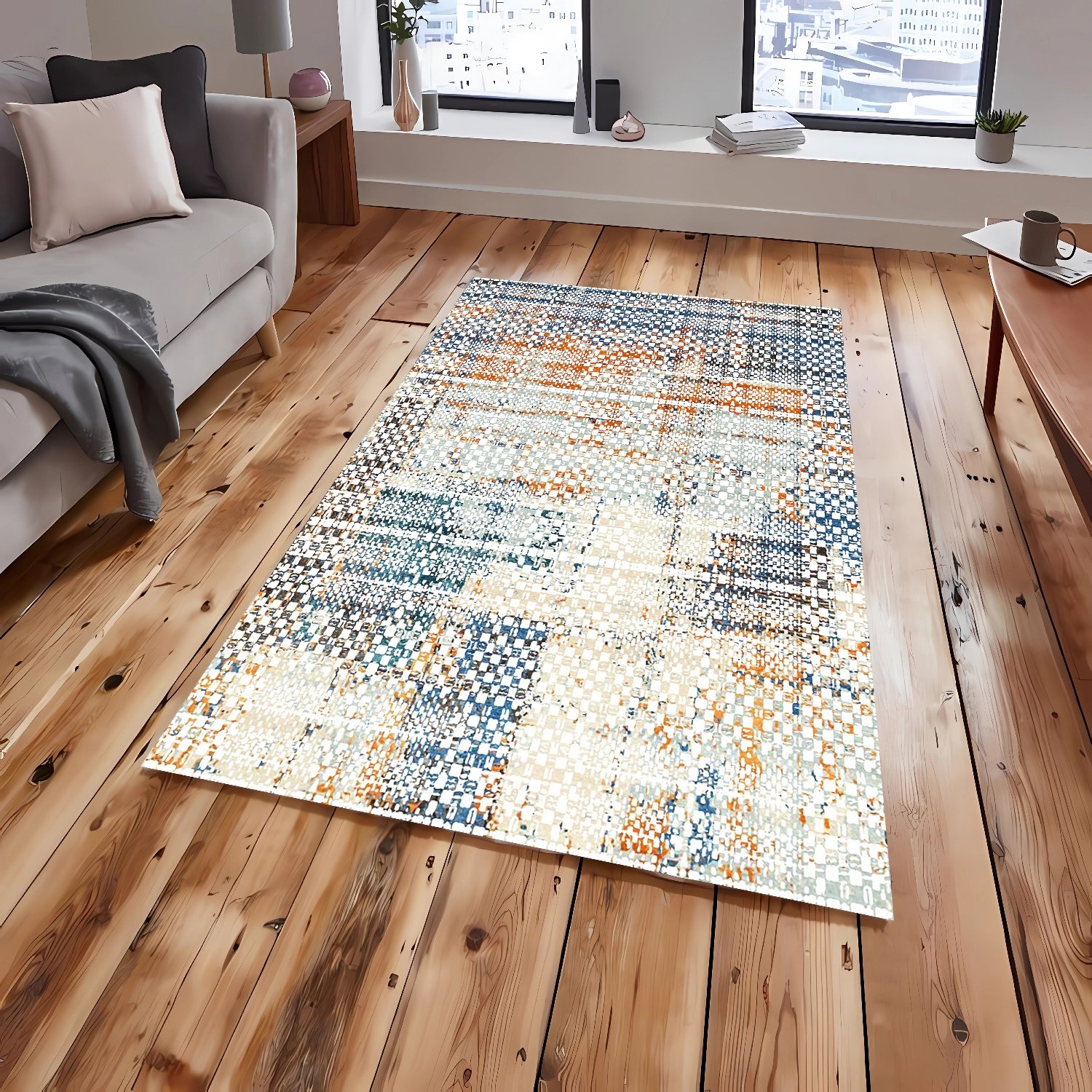 Renkli Simetrik Desen Şönil Dokuma Pamuklu Modern Halı PTLN 03148(01)