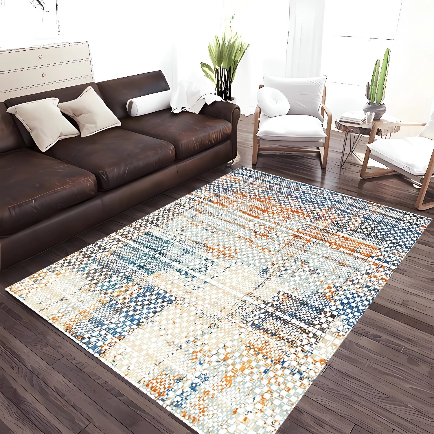 Renkli Simetrik Desen Şönil Dokuma Pamuklu Modern Halı PTLN 03148(01)