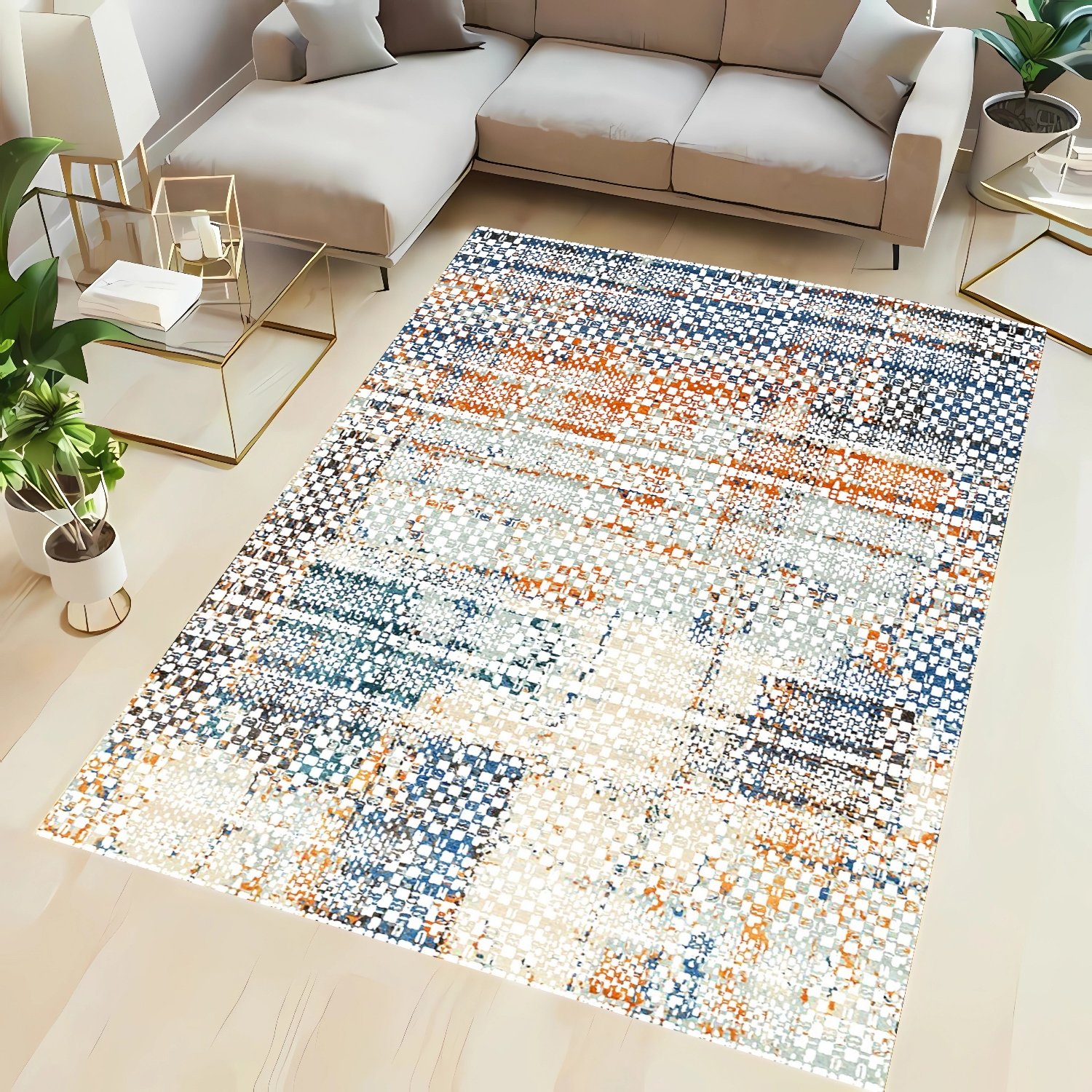 Renkli Simetrik Desen Şönil Dokuma Pamuklu Modern Halı PTLN 03148(01)