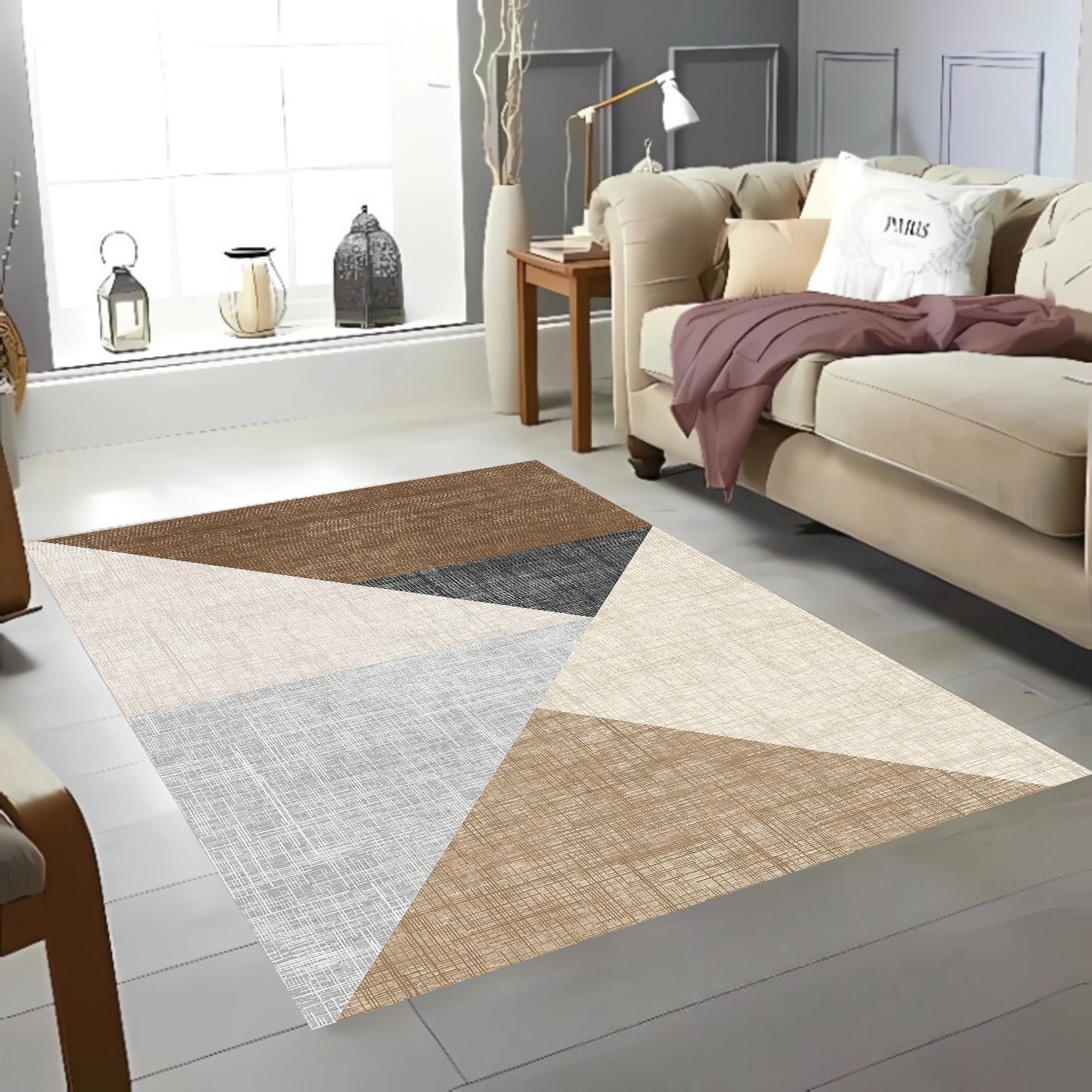 Geometrik Minimalizm Desenli Şönil Dokuma Pamuklu Halı PTLN 01423(01)