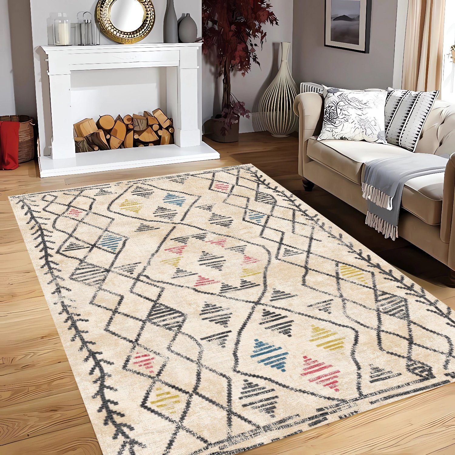 Geometrik Desen Şönil Dokuma Pamuklu Klasik Halı PTLN 02241(01)