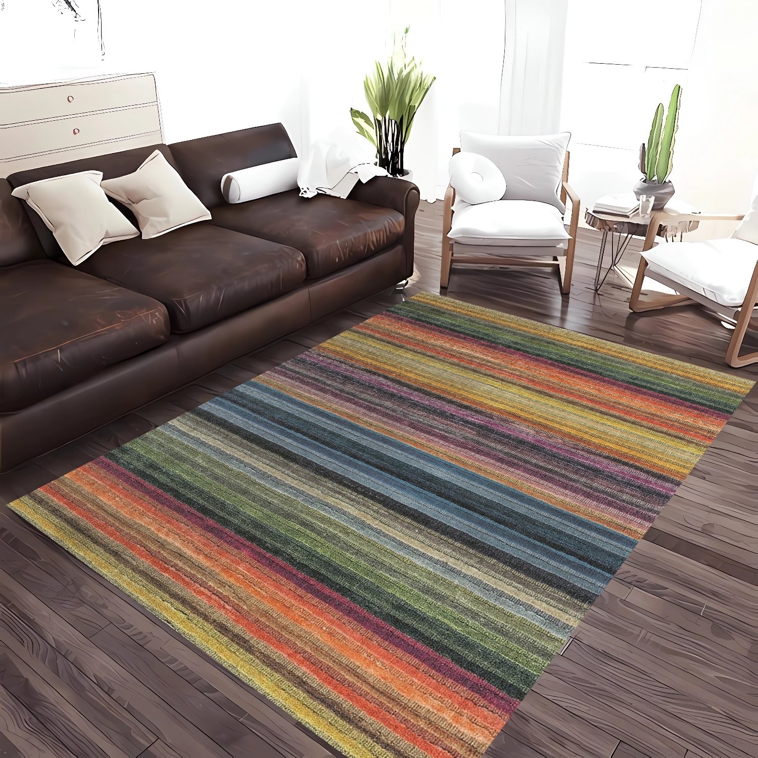 Renkli Çizgili Şönil Dokuma Pamuklu Modern Halı PTLN 02278(01)