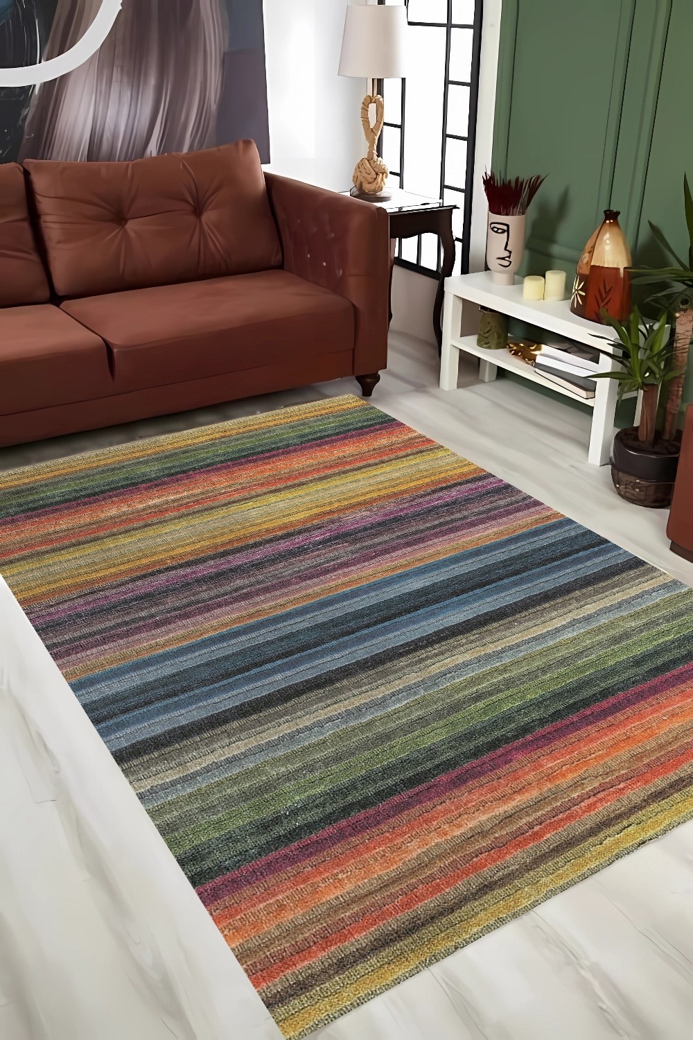 Renkli Çizgili Şönil Dokuma Pamuklu Modern Halı PTLN 02278(01)