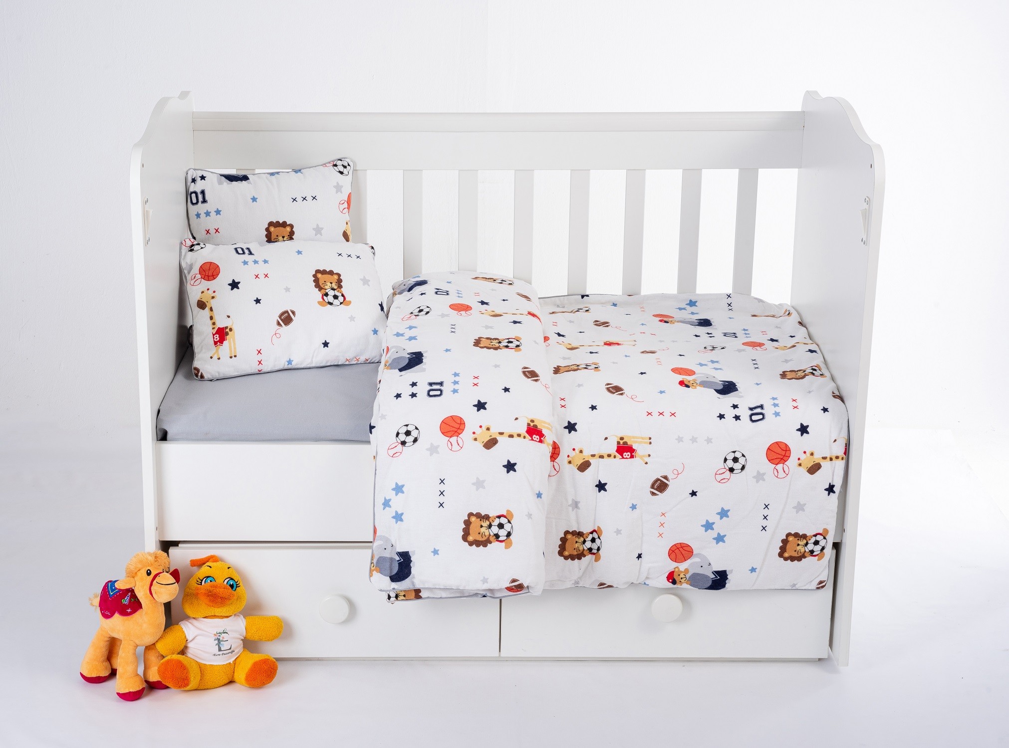 %100 Pamuk 7 Parça Bebek Nevresim Takımı (Nevresim, Çarşaf, Yorgan, 2 Yastık ve Kılıfı), 100x150 cm - Aslan