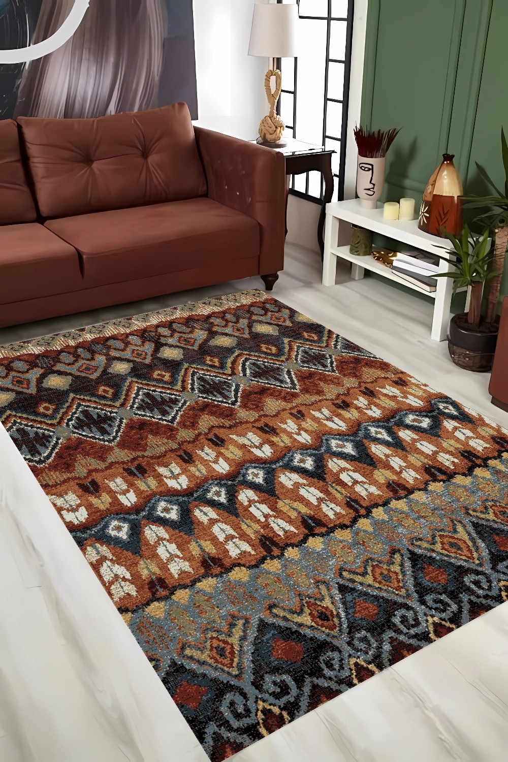 Geleneksel Geometri Desenli Şönil Dokuma Pamuklu Halı PTLN 02040(01)