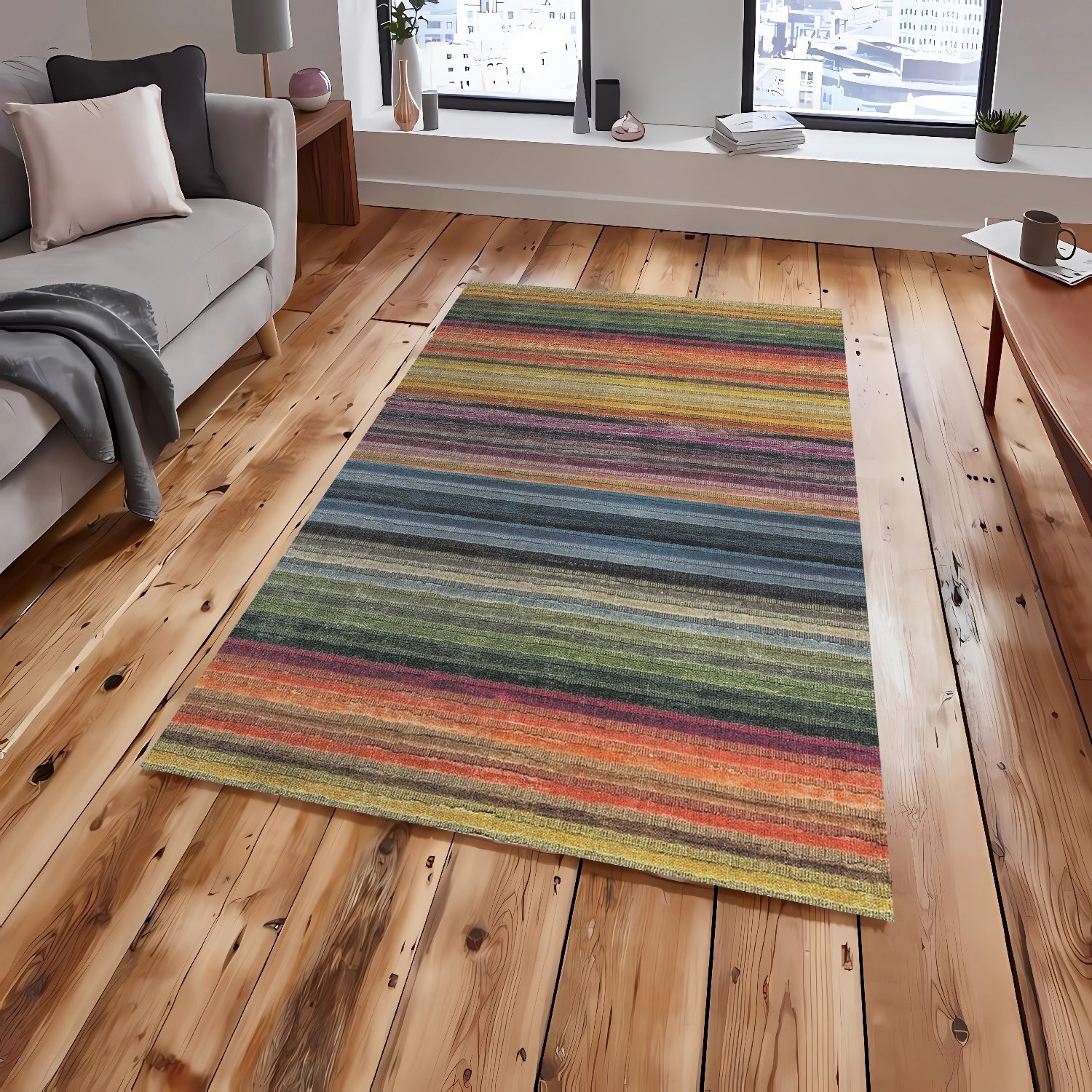 Renkli Çizgili Şönil Dokuma Pamuklu Modern Halı PTLN 02278(01)