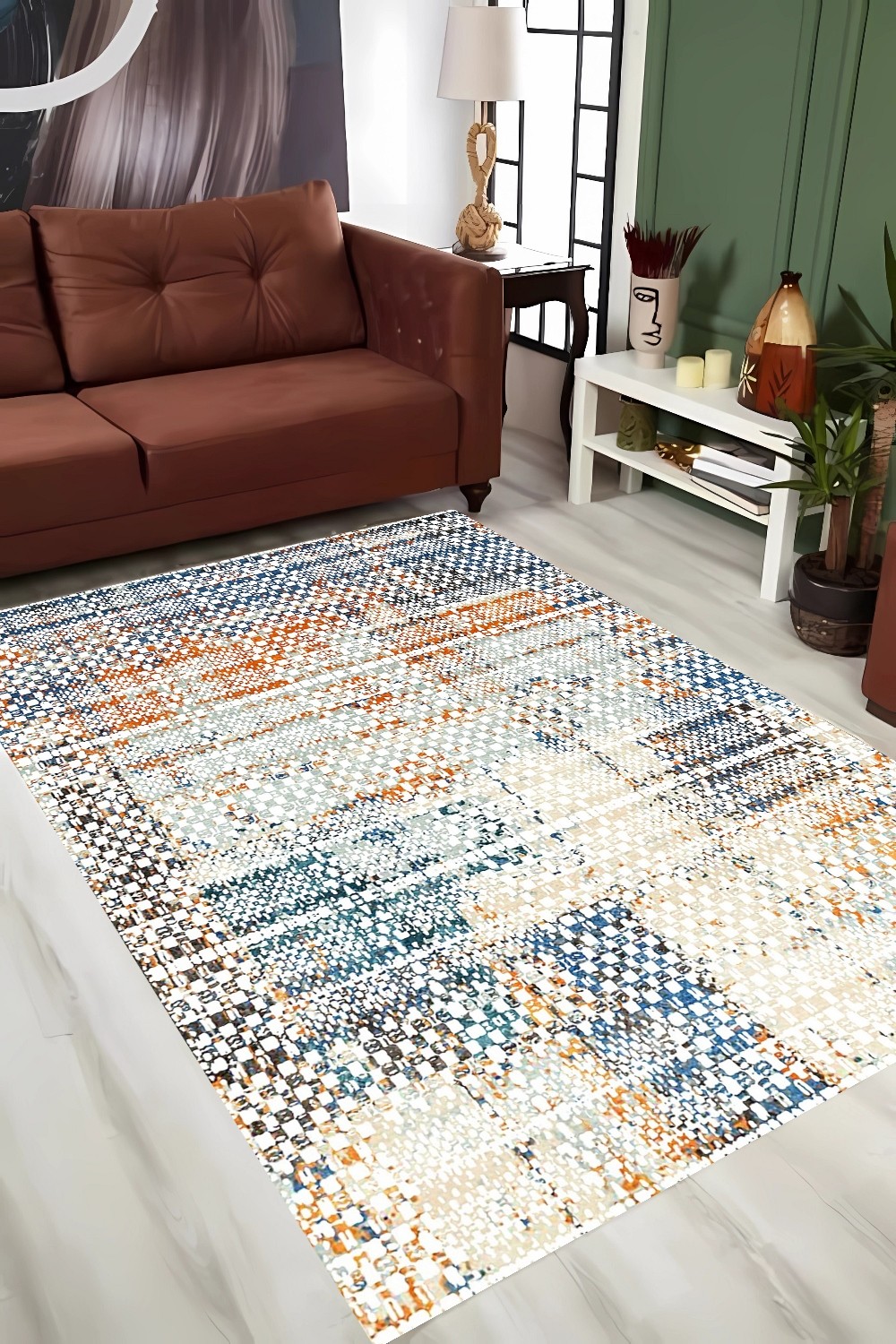 Renkli Simetrik Desen Şönil Dokuma Pamuklu Modern Halı PTLN 03148(01)
