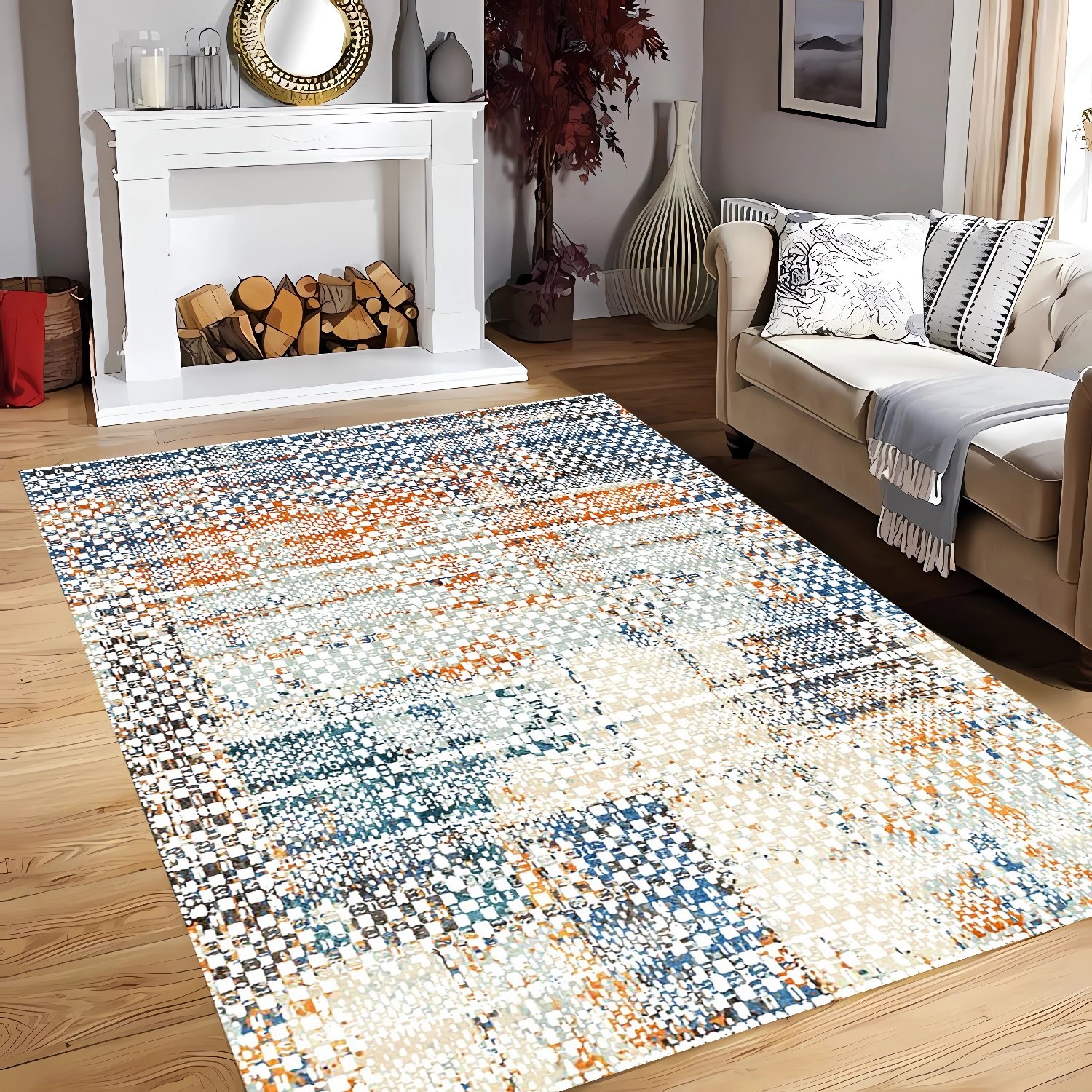 Renkli Simetrik Desen Şönil Dokuma Pamuklu Modern Halı PTLN 03148(01)