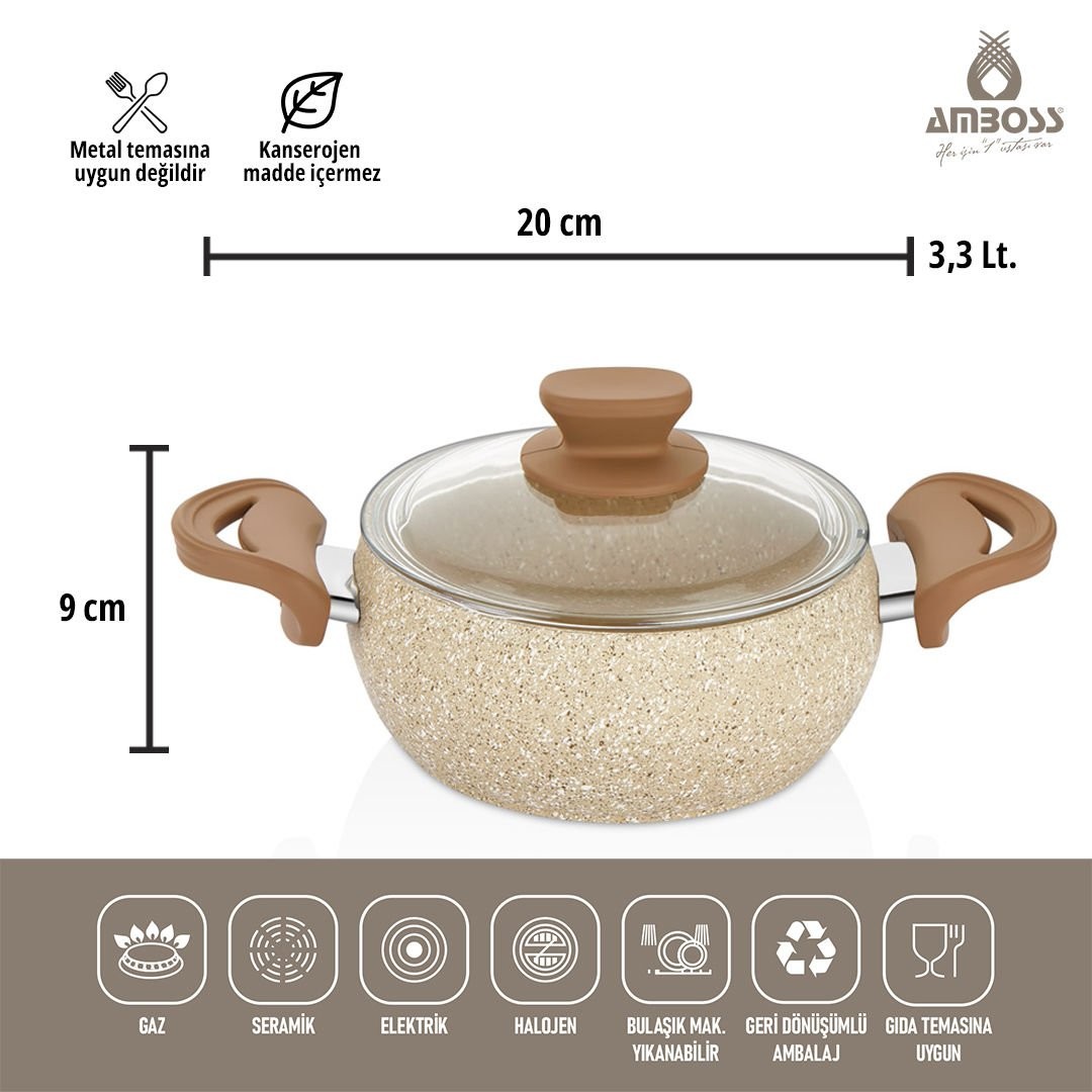 Amboss Fatso 6 Parça Tombik Granit Tencere Seti - Silikon Kulplar - Cappucıno