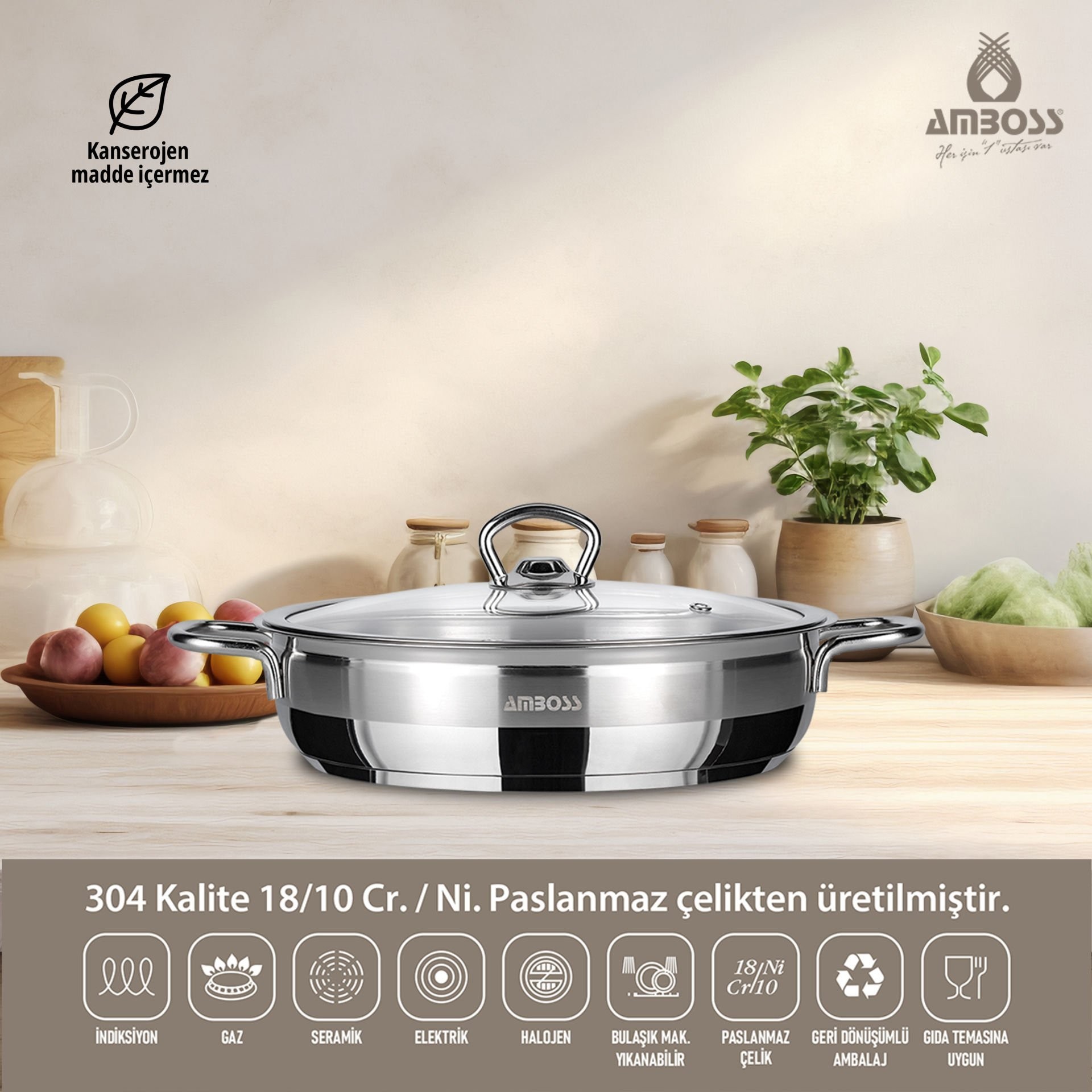 Saphire Paslanmaz Çelik İndüksiyon Tabanlı Çelik Kapaklı Basık Tencere - 34 cm