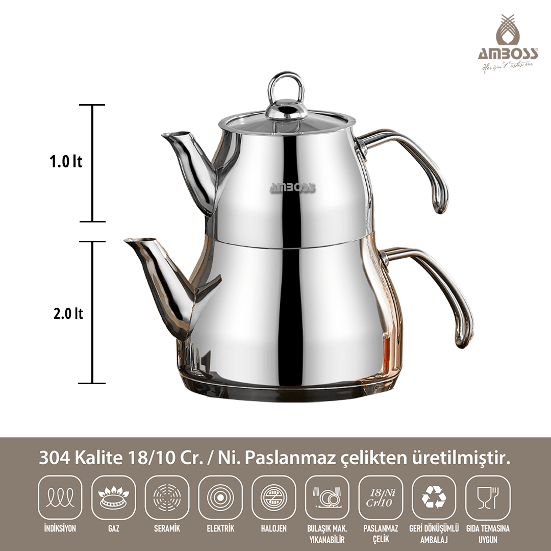 Amboss Prime 4 Parça Paslanmaz Çelik Orta Boy Çaydanlık