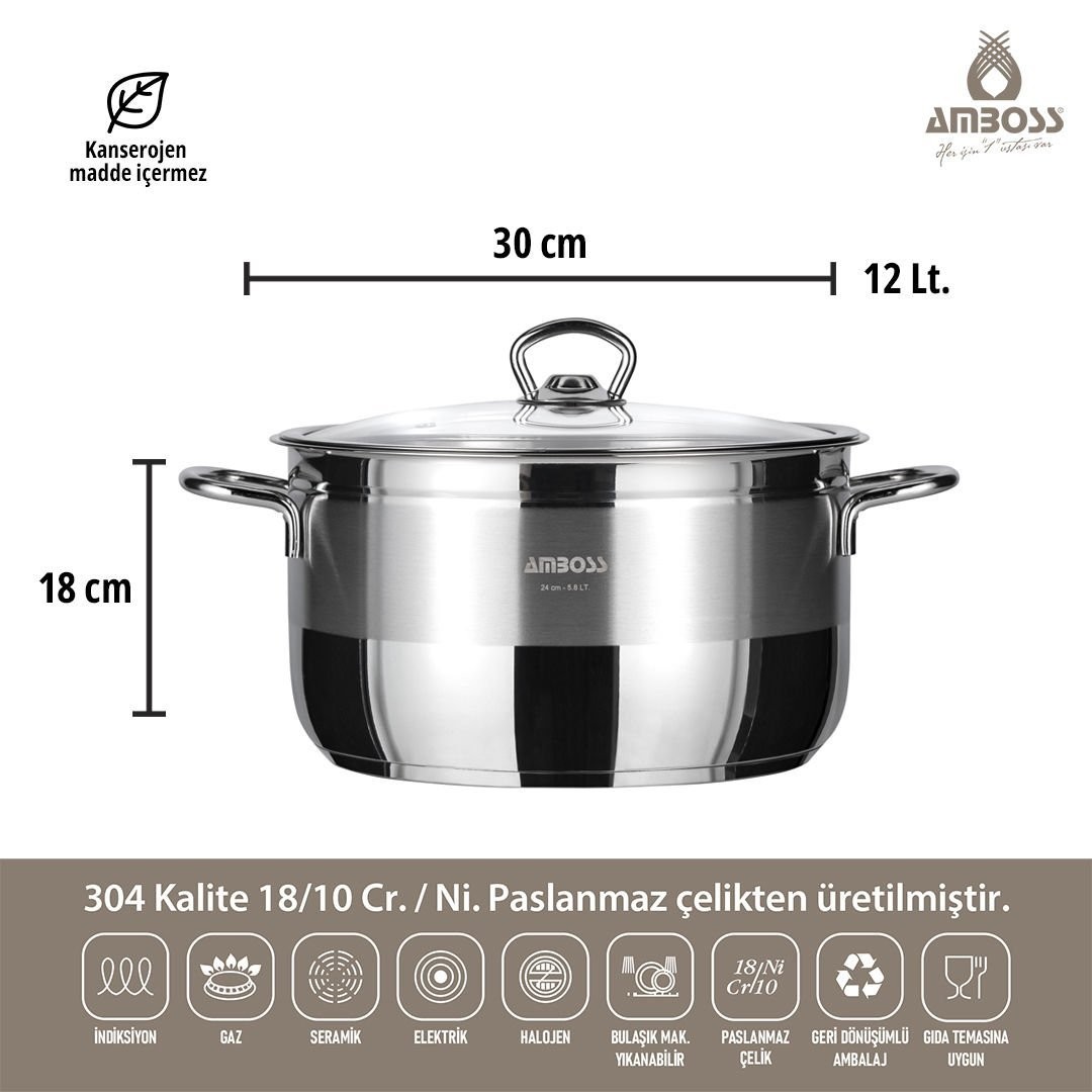 Amboss Saphire Paslanmaz Çelik Cam Kapaklı Derin Tencere - 30 cm