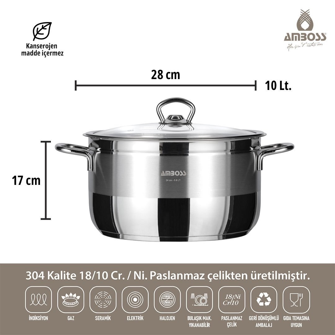 Amboss Saphire Paslanmaz Çelik İndüksiyon Tabanlı Cam Kapaklı Derin Tencere - 28 cm