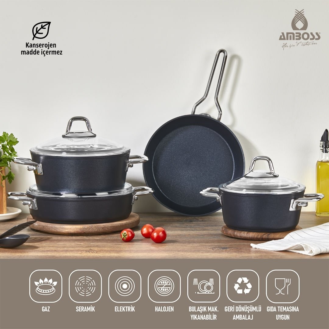 Amboss Shadow 7 Parça Yanmaz Yapışmaz Ezme - Granit Tencere Seti Siyah