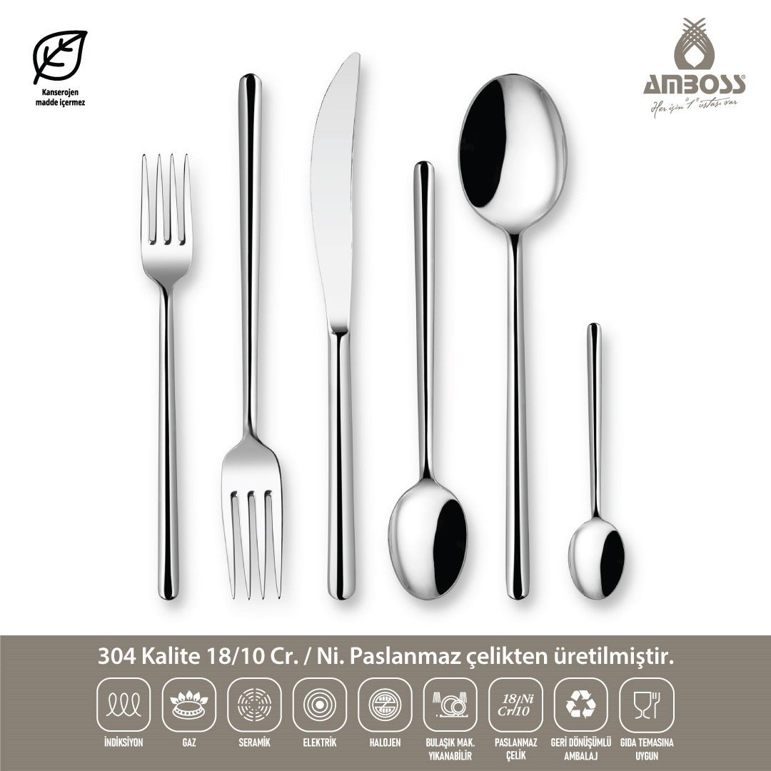 Amboss Pearl 72 Parça 12 Kişilik Paslanmaz Çelik Çatal Kaşık Bıçak Seti - Gümüş