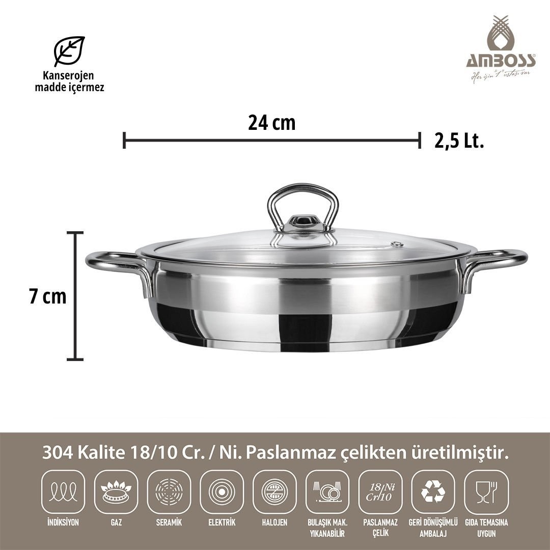Amboss Saphire Paslanmaz Çelik İndüksiyon Tabanlı Cam Kapaklı Basık Tencere - 24 cm