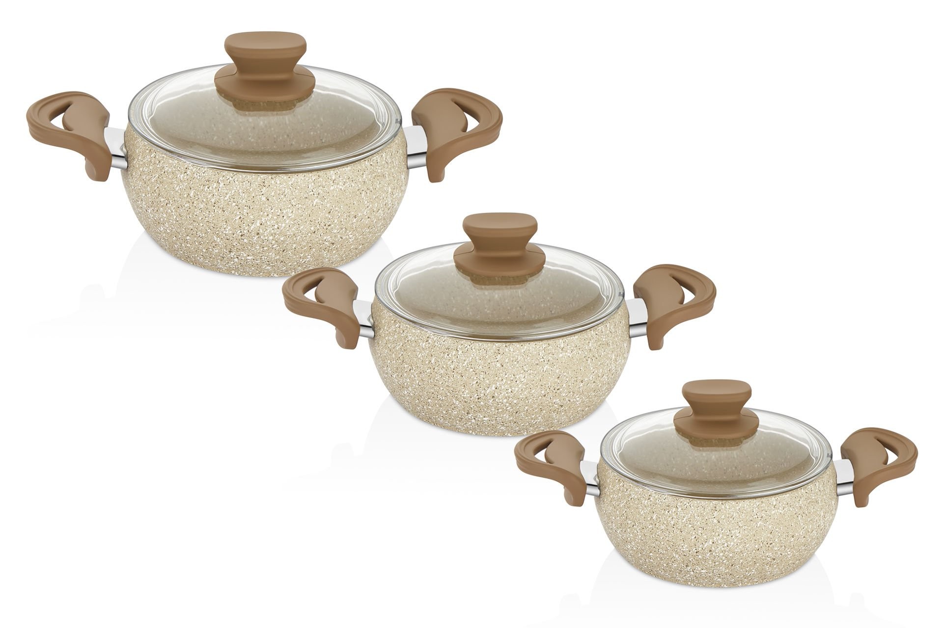 Amboss Fatso 6 Parça Tombik Granit Tencere Seti - Silikon Kulplar - Cappucıno