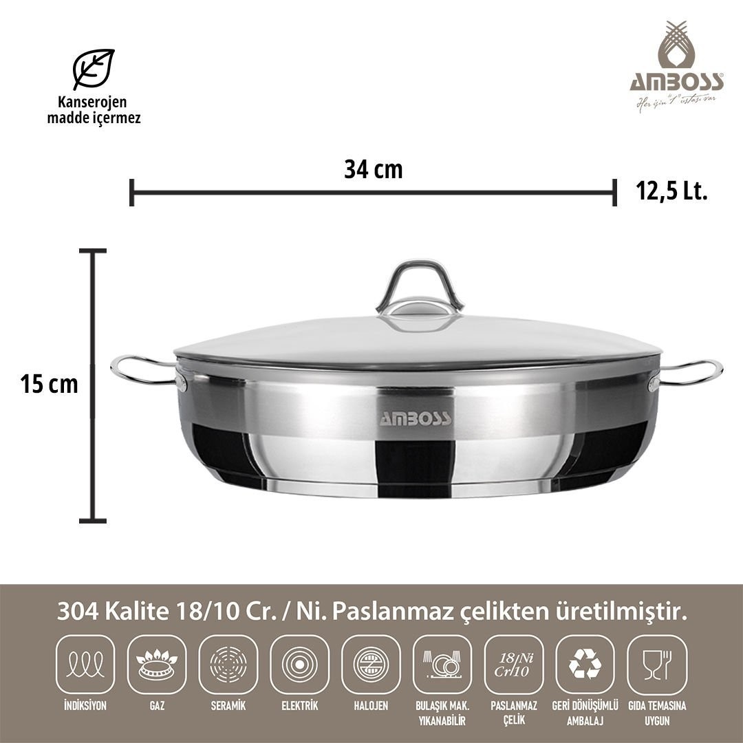 Saphire Paslanmaz Çelik İndüksiyon Tabanlı Çelik Kapaklı Basık Tencere - 34 cm