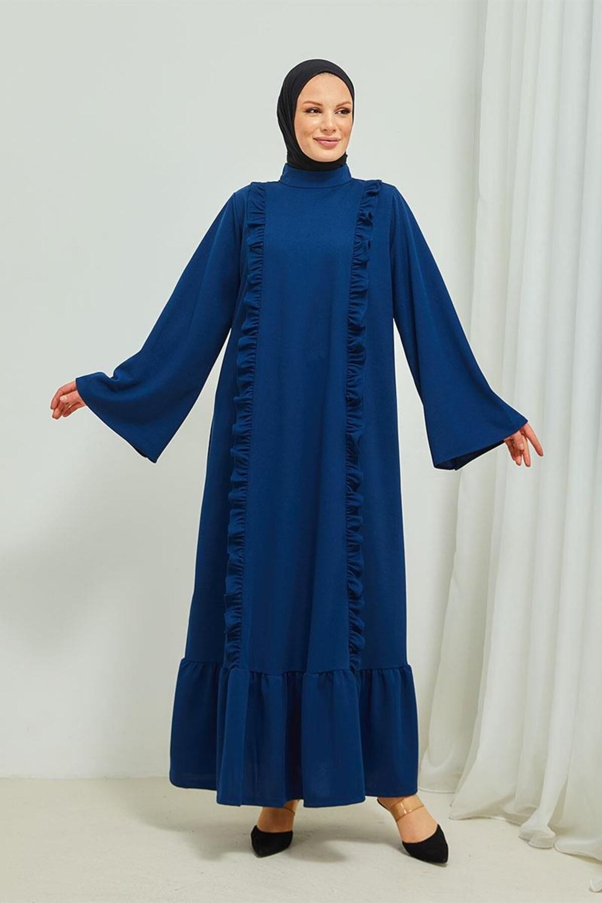 Fırfır Detaylı Tesettür Elbise Abaya BRC 11m01 Indigo