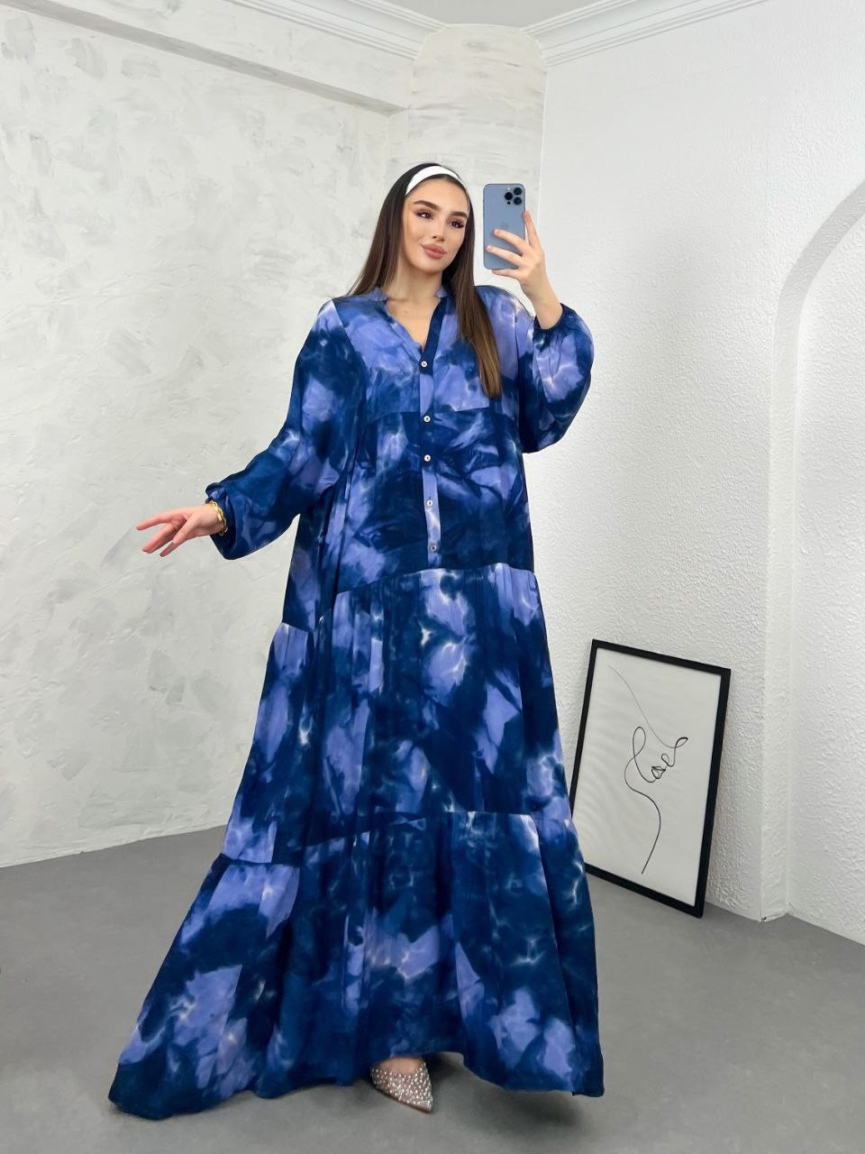 DÜĞMELİ VİSKON KADIN ELBİSE- BRC1131 - Indigo