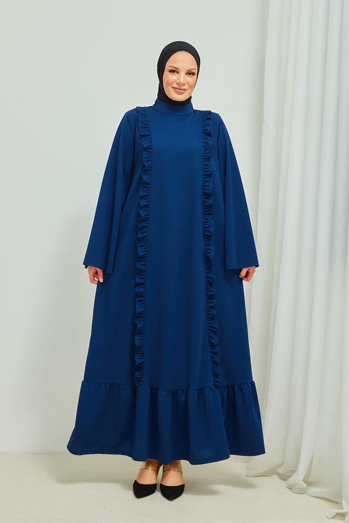 Fırfır Detaylı Tesettür Elbise Abaya BRC 11m01 Indigo