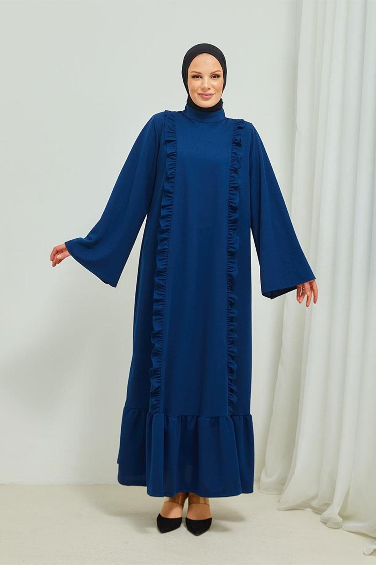 Fırfır Detaylı Tesettür Elbise Abaya BRC 11m01 Indigo