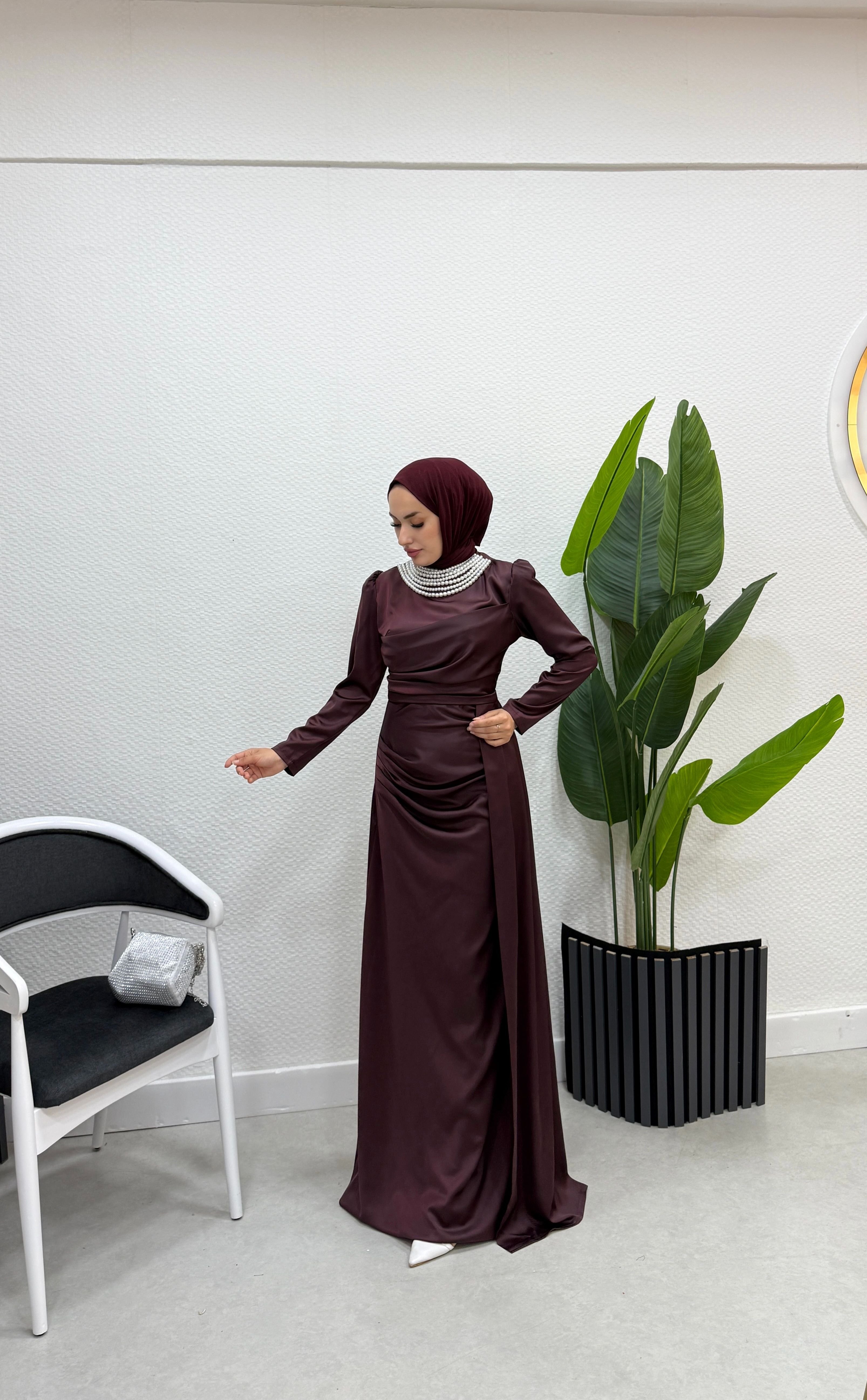 İnci Kolyeli Abiye 1156 - Bordo