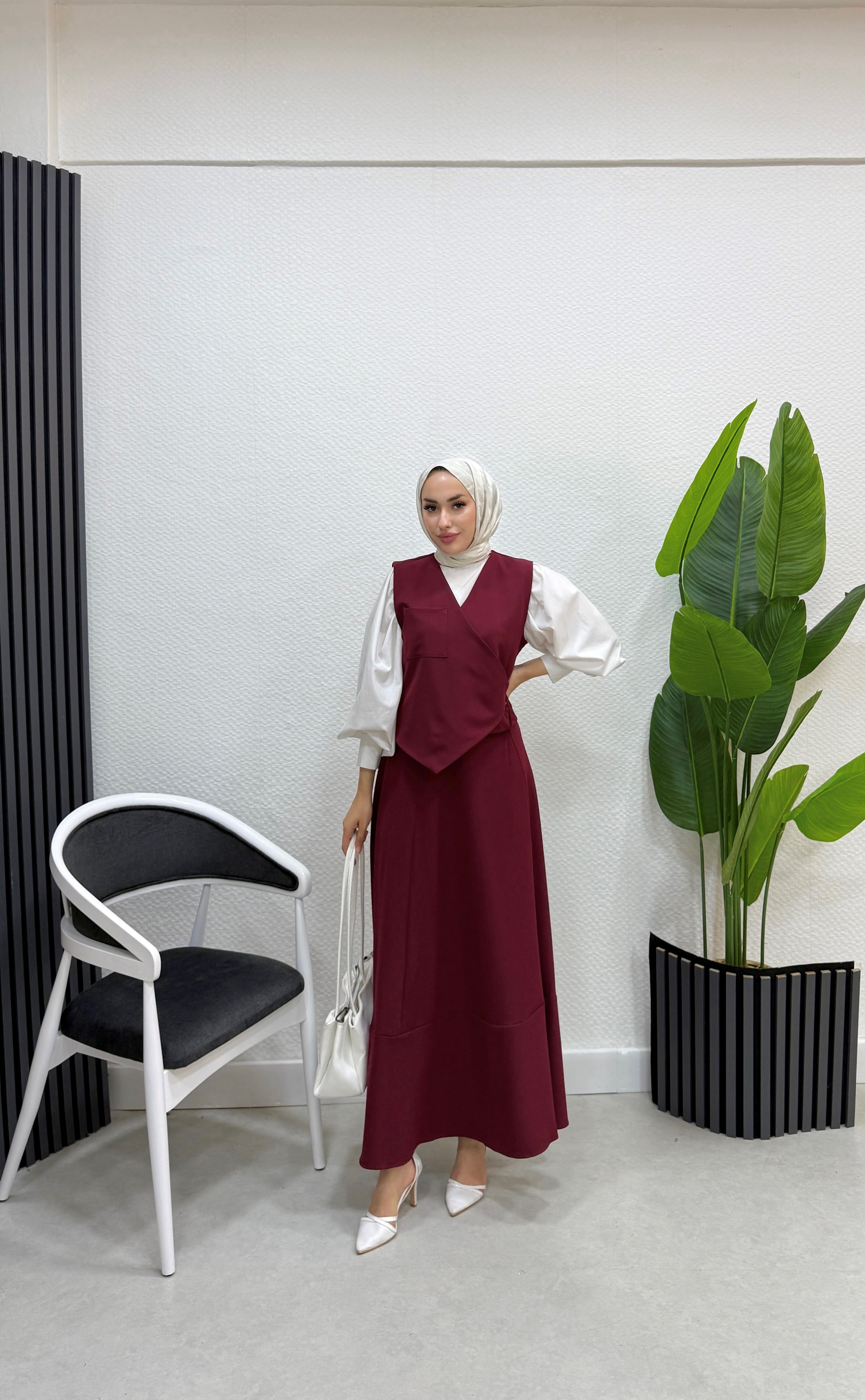 YANDAN BAĞLAMALI YELEKLİ ETEK 2502 - Bordo
