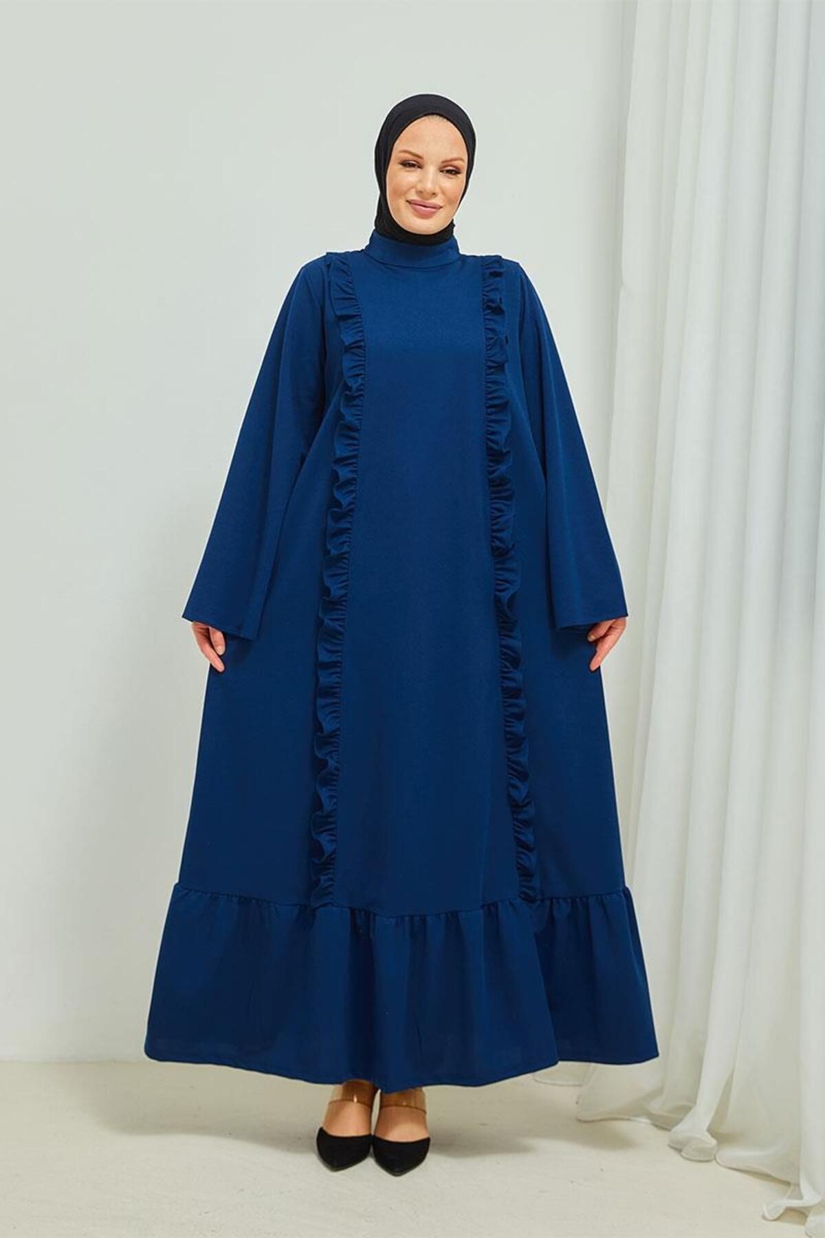 Fırfır Detaylı Tesettür Elbise Abaya Brc11m01 Indigo