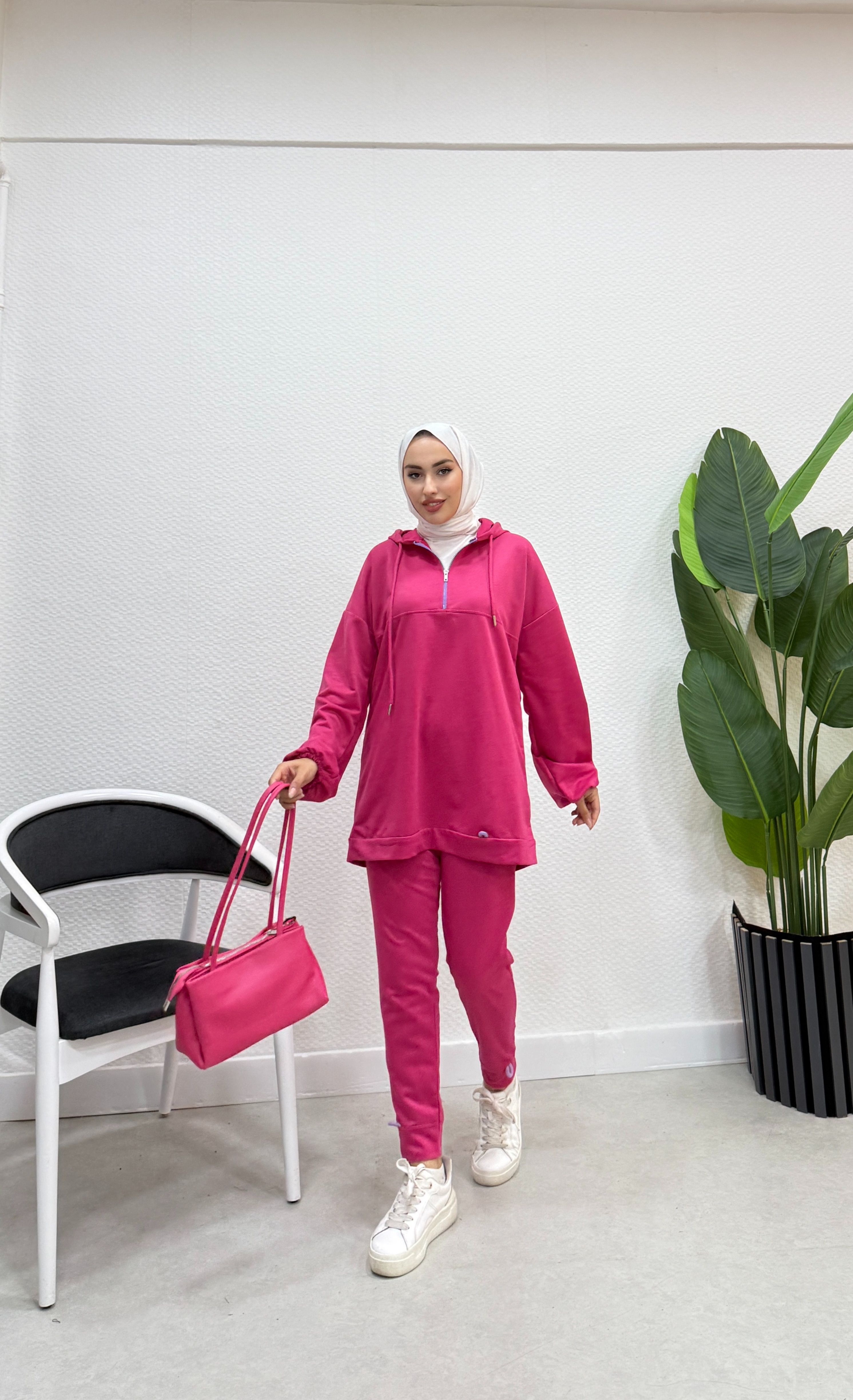 Neon Fermuarlı Kapüşonlu Eşofman Takımı TRN2040-1 - Fuşya