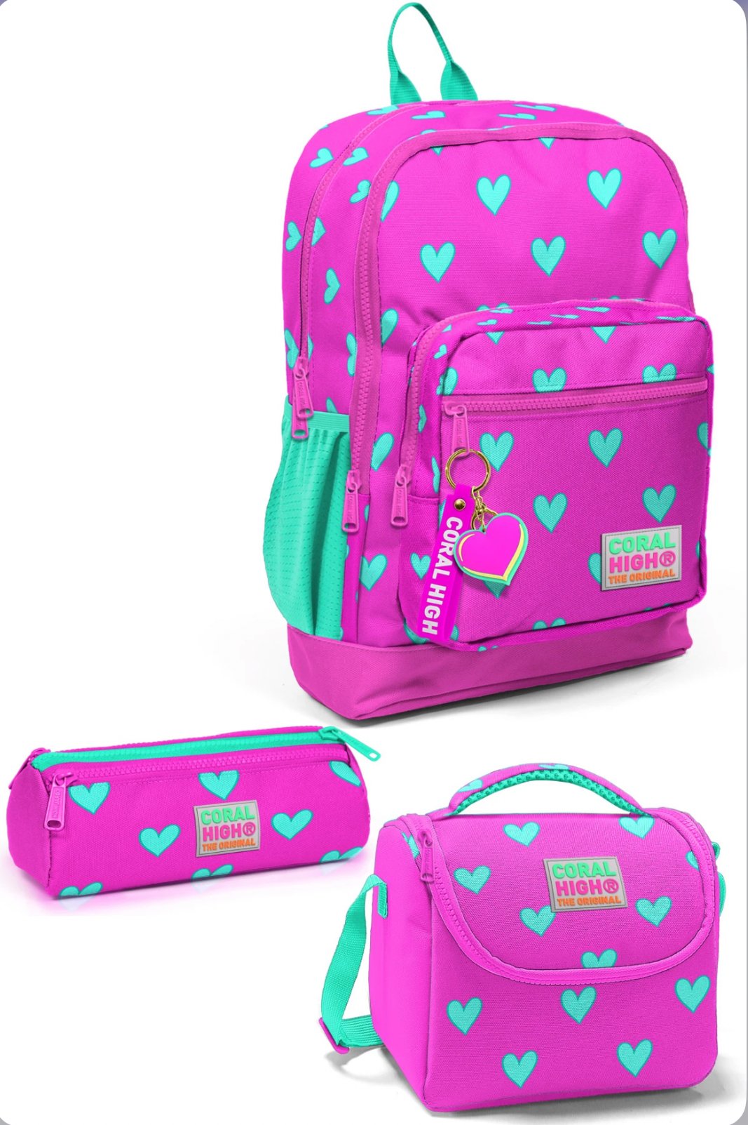 CORAL HİGH NEON KALP DESEN 3'LÜ OKUL ÇANTA SETİ