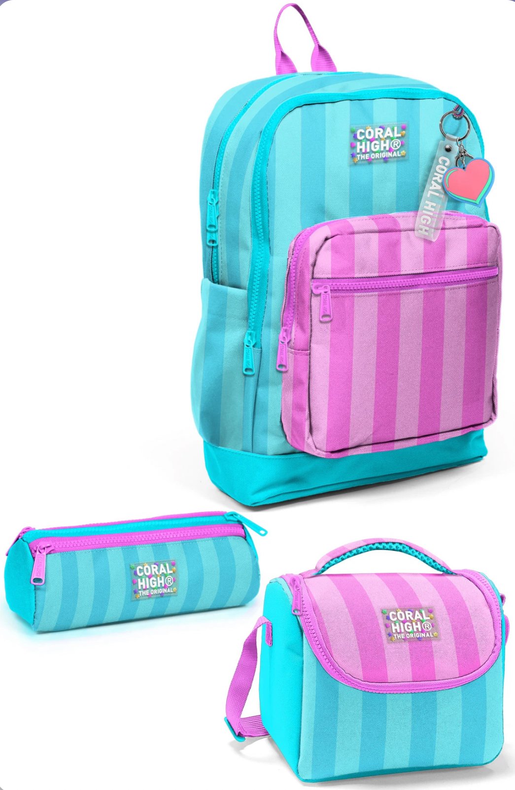 CORAL HİGH TURKUAZ PEMBE ÇİZGİLİ 3'LÜ OKUL ÇANTA SETİ