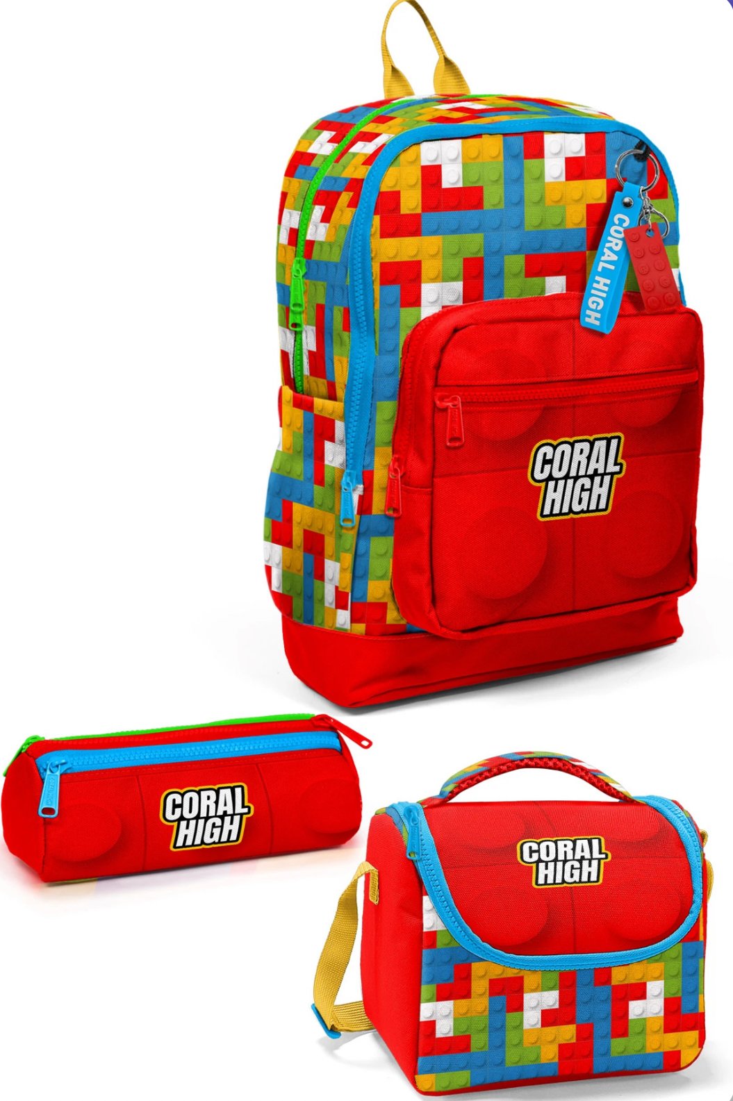 CORAL HİGH LEGO BLOK DESENLİ 3'LÜ OKUL ÇANTA SETİ