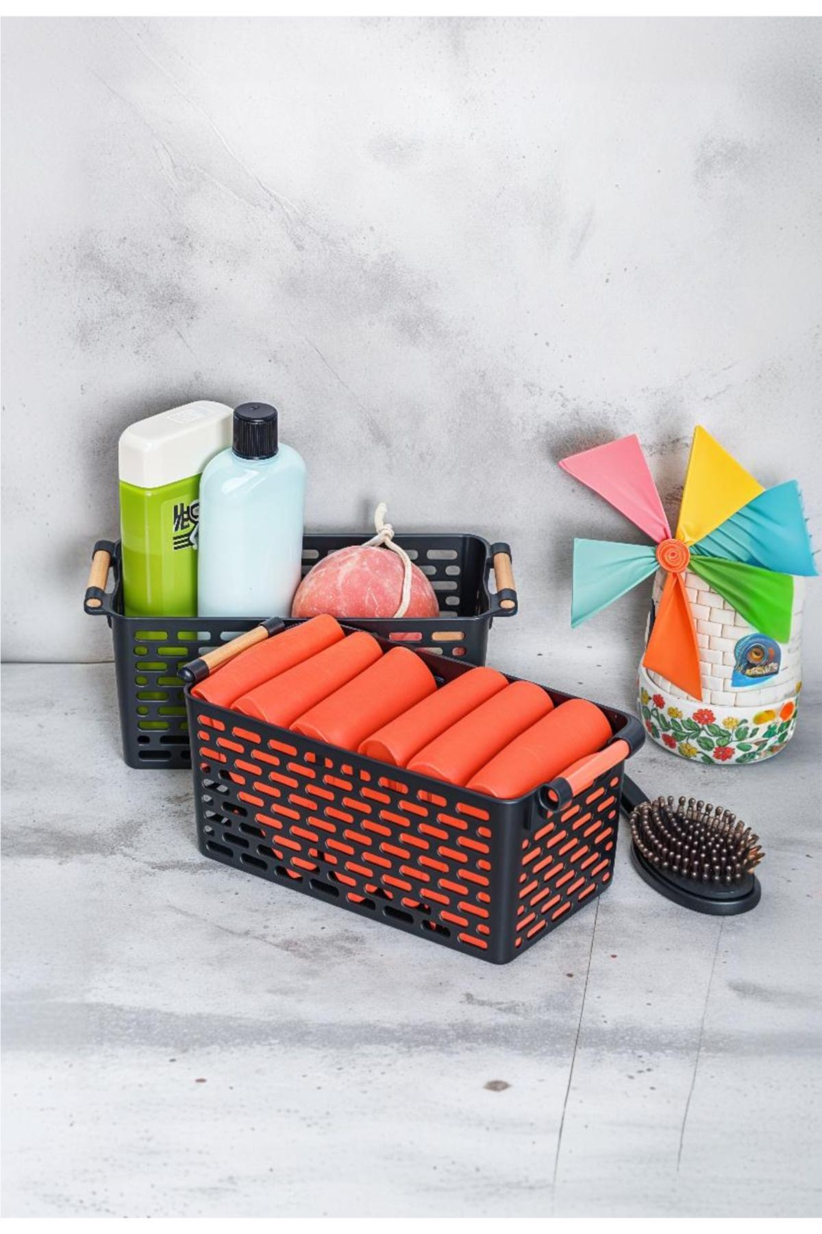 2'li Set Çok Amaçlı Şık Organizer Plastik Sepet, Buzdolabı ve Banyo Organizer, 27x15x12cm, Siyah